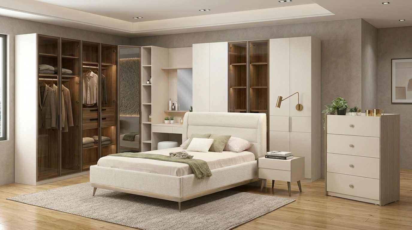 Xlmoebel Komplettschlafzimmer Modern Schlafzimmer Set Beige Elegant Bett Kommode Eckschrank, (6-tlg., inkl. Eckkleiderschrank, Bett, 2x Nachttische, Hocker)