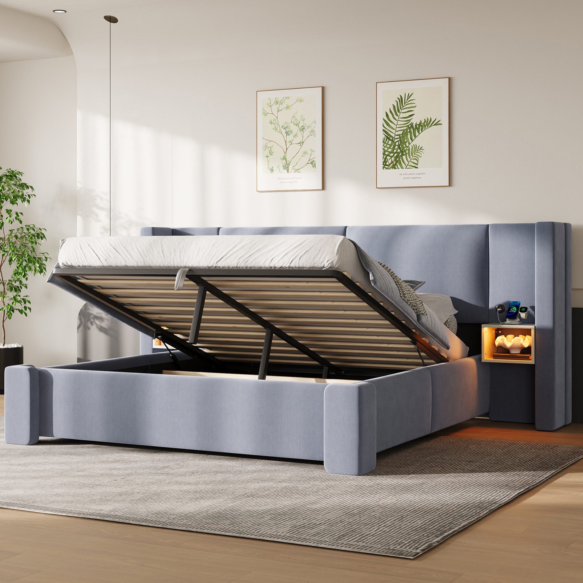 OKWISH Polsterbett LED-Bett 140x200cm Grau mit Staufächern & Hydraulik mit Matratze (Packung, Komfortbett mit Liftfunktion & praktischen Aufbewahrungslösungen), Beiges Boxspringbett-Design mit integrierter Beleuchtung