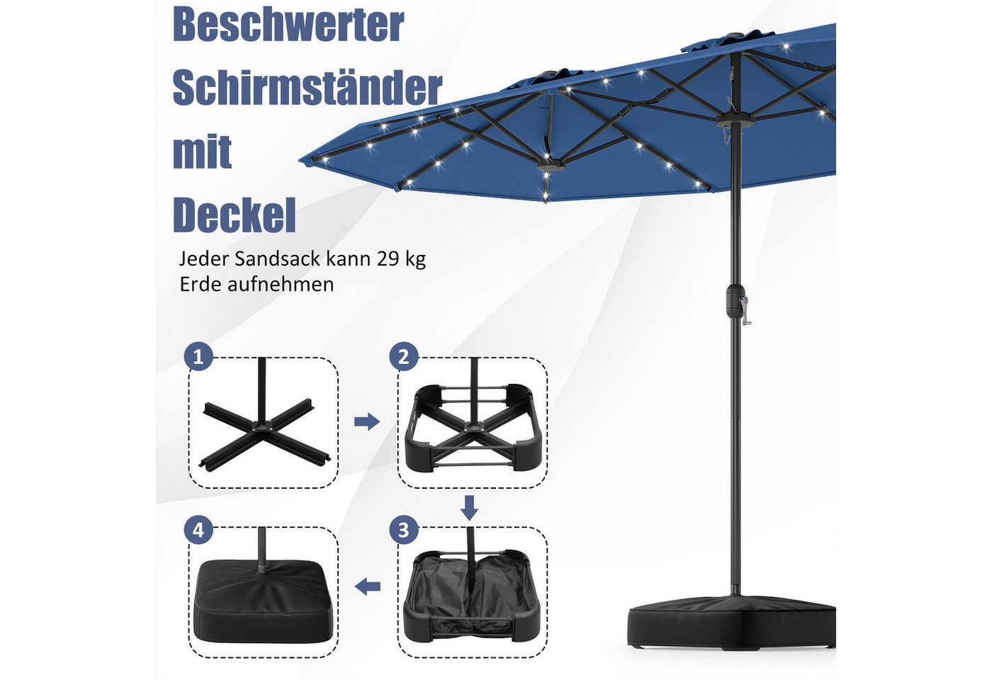 Thumbnail - KOMFOTTEU Sonnenschirm, LED Doppelsonnenschirm mit Ständer, 4 x 2m