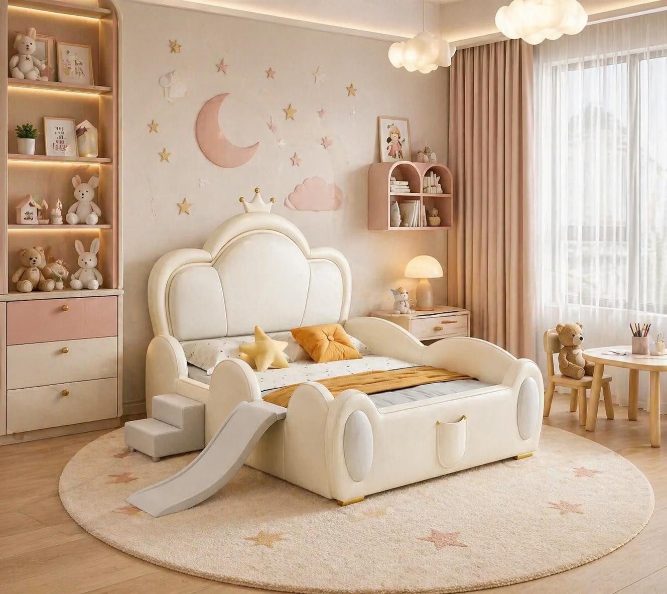 JVmoebel Kinderbett Beiges Kinderbett Bett mit Rutsche und Treppe für Mädchen Prinzessin, Made in Europa