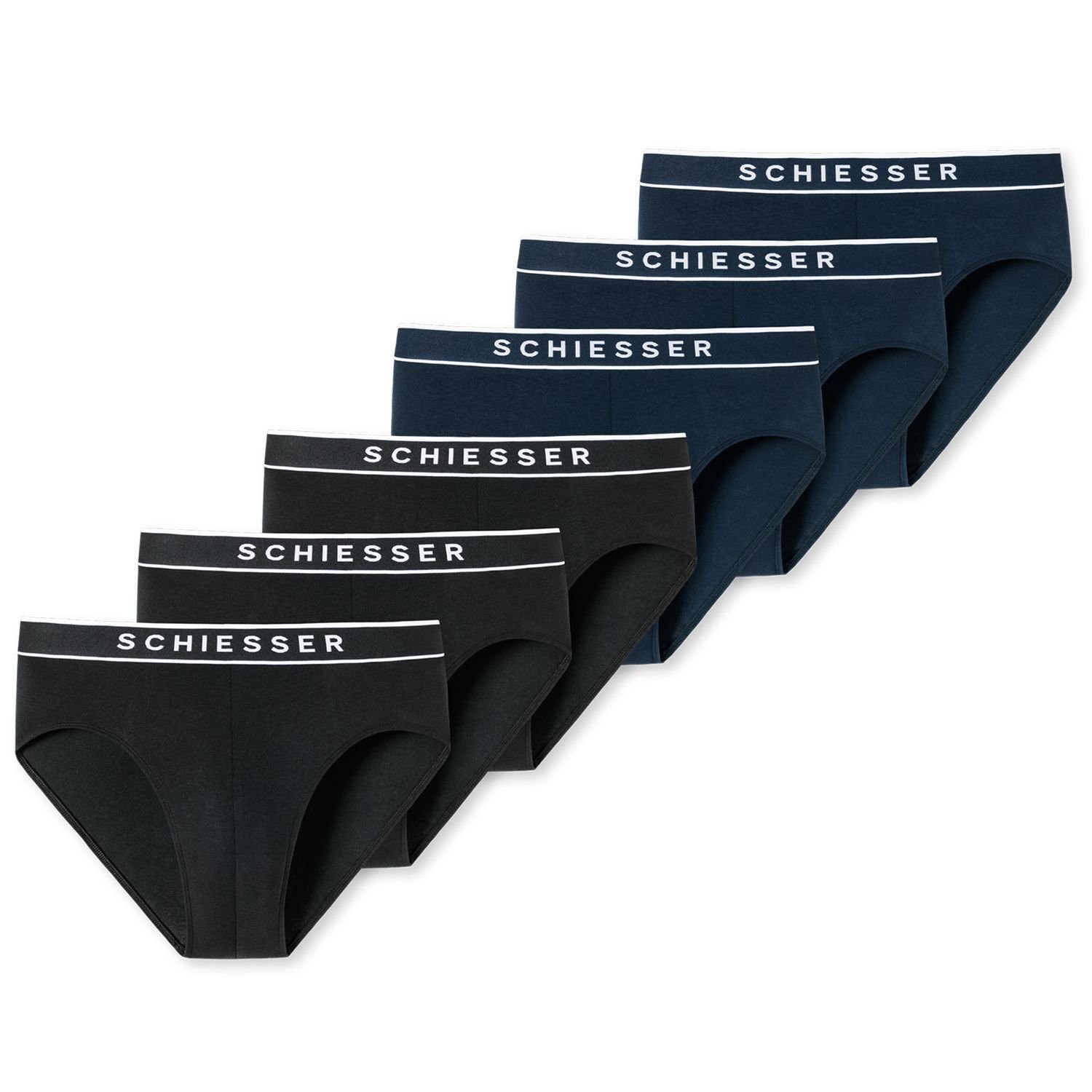 Slip SCHIESSER-Logo-Prägung sportlicher Organic Schiesser 3 schwarz + 3 x - (3-St) Webgummibund Cotton mit 95/5 x navy