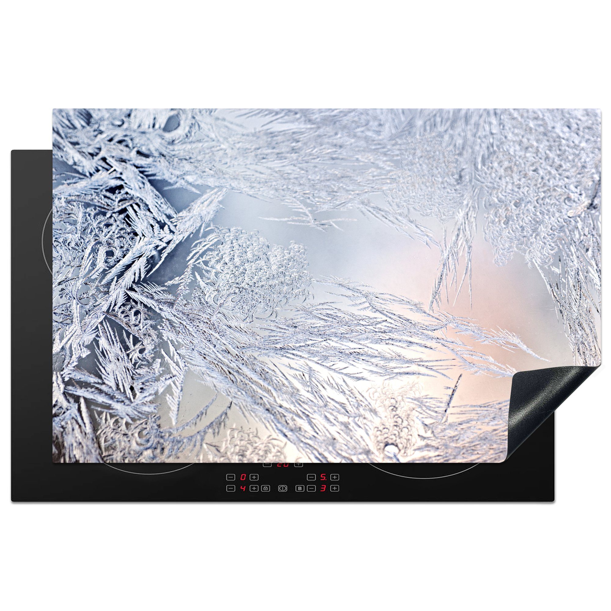 MuchoWow Herdblende-/Abdeckplatte Eiskristalle auf einem Fenster, Vinyl, (1 tlg), 81x52 cm, Induktionskochfeld Schutz für die küche, Ceranfeldabdeckung
