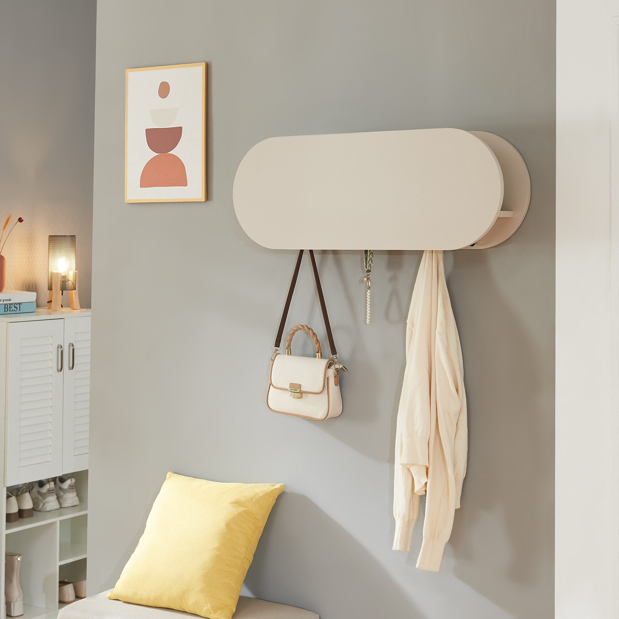 en.casa Wandgarderobe, »Vilkön« mit Ablagefach 6 Haken 80x16x30 cm Beige günstig online kaufen