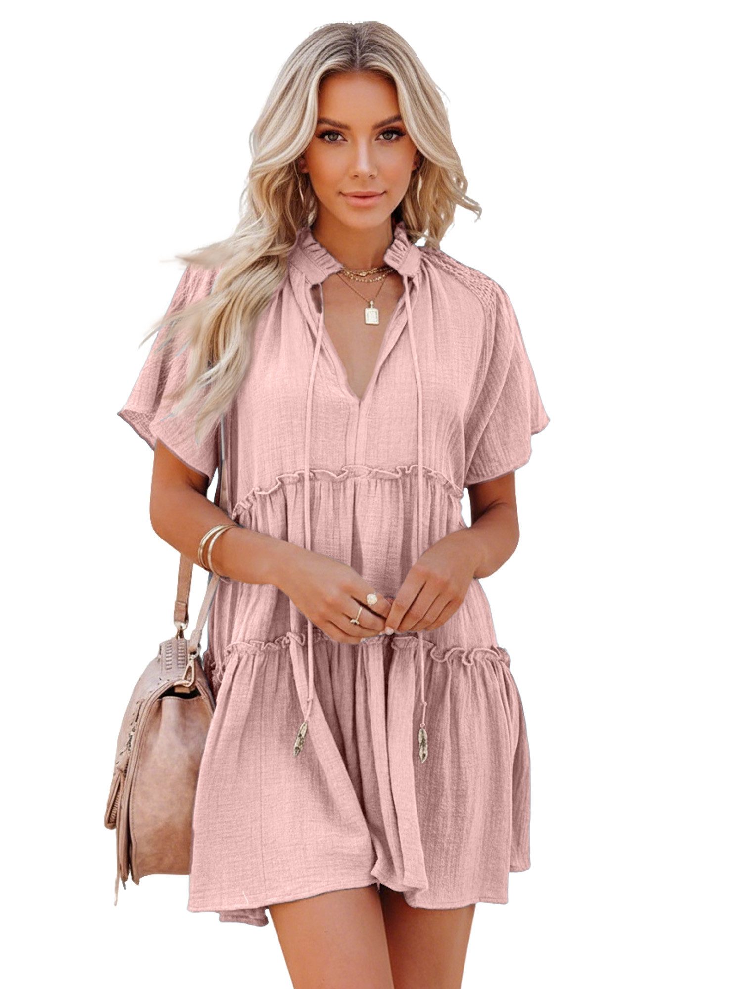 Imily Bela Minikleid Damen Sommer mit Stehkragen kurzen Ärmeln Rüschen Casual Freizeit (Packung, 1-tlg., 1per-Pack) mit V-Ausschnitt Volant Kordelzügen am Kragen in Unifarbe