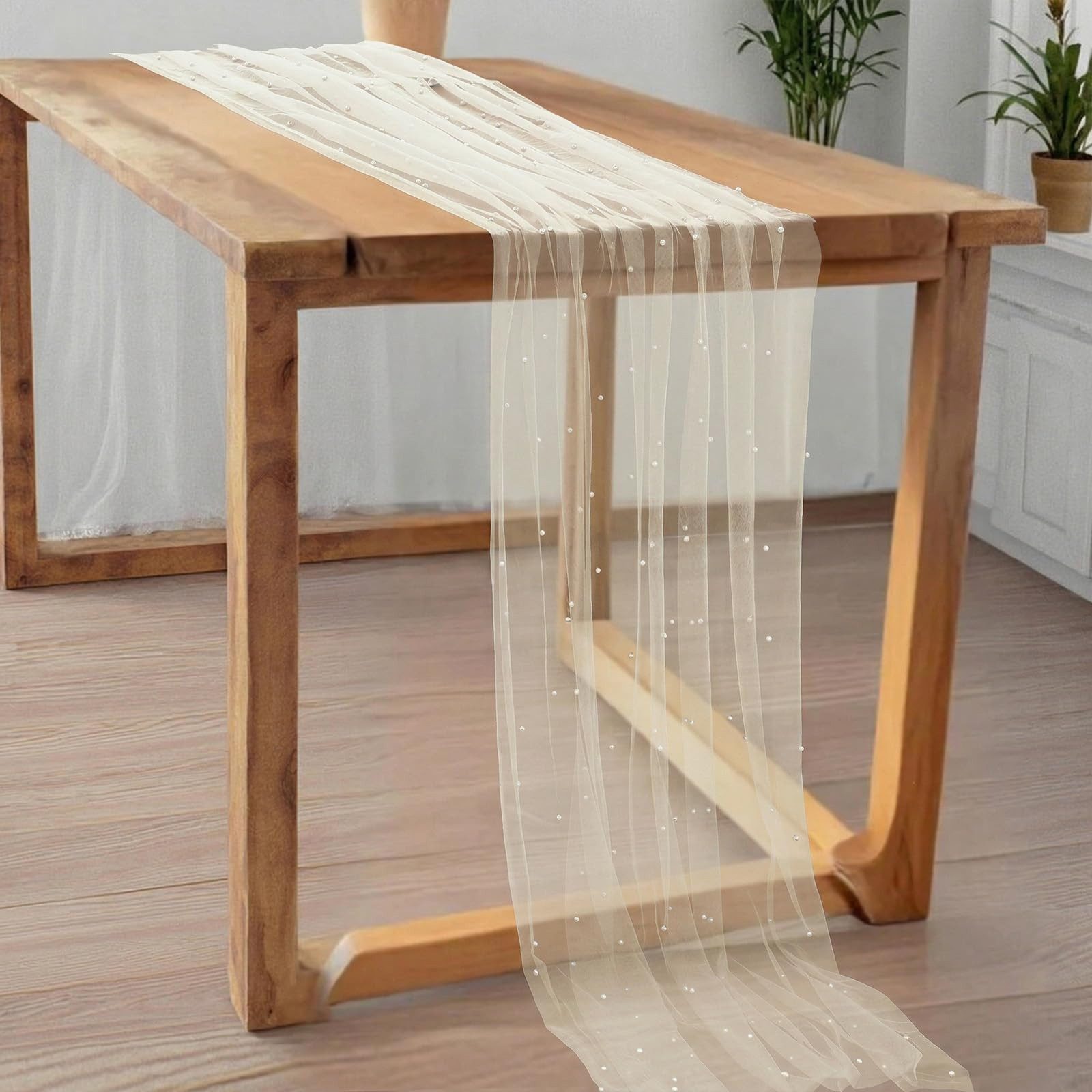 FOUORTUNATE-BEE Tischläufer Tischläufer aus Tüll mit Perlen 75 x 300 cm, Perlentüll Tischdecke (Tüllstoff Netz Tischband Tischdekoration für Hochzeit, Brautpart – Bild 4 von 5