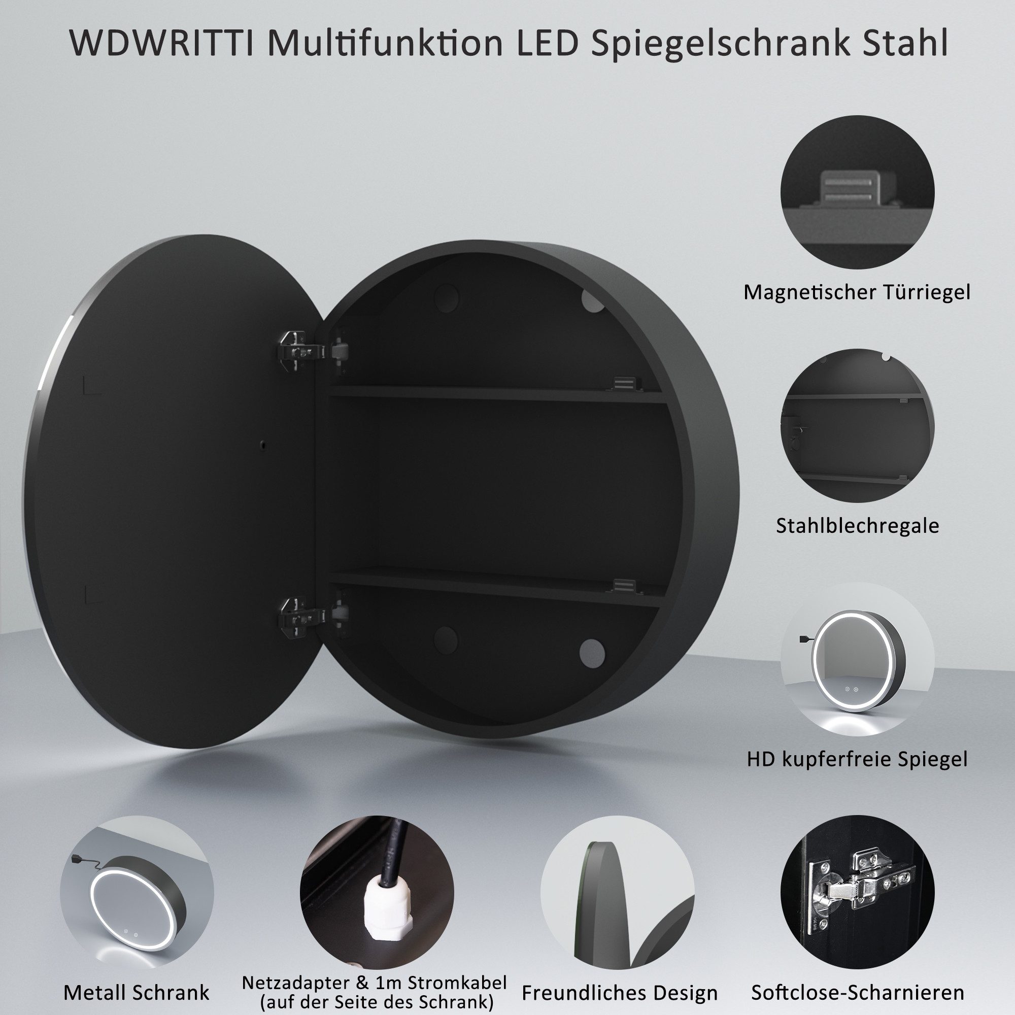 WDWRITTI Spiegelschrank Rund 60cm Badezimmerspiegelschrank mit beleuchtung modern (Wandschrank Schwarz, 3Lichtfarben, Dimmbar, Anti-fog, Speicherfunktion) Stahlblechregale, mit Netzadapter, IP44