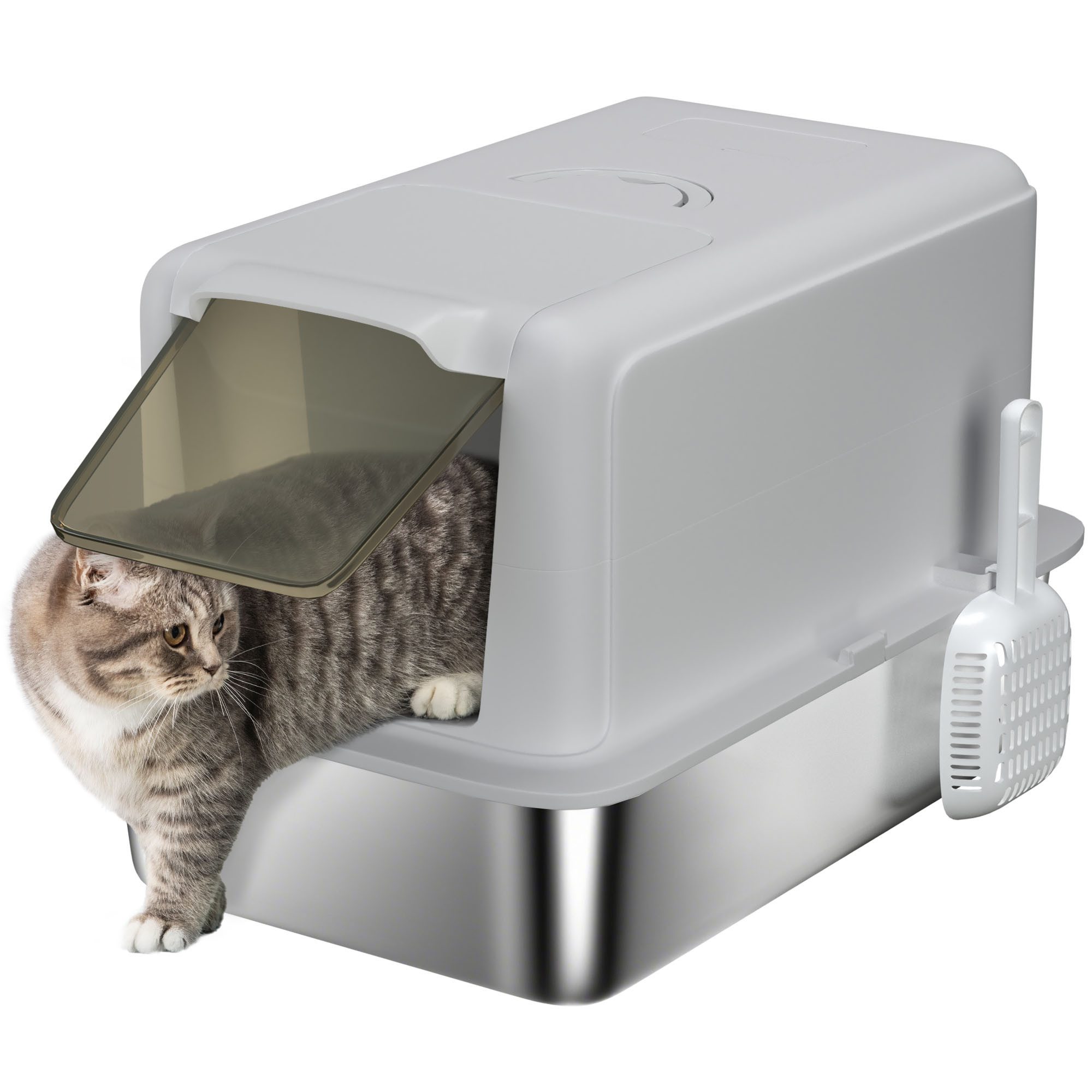 PawHut Katzentoilette Katzenklo Edelstahl XXL mit Deckel mit Wanne, für große Katzen, für Katzen bis 6 kg, Grau
