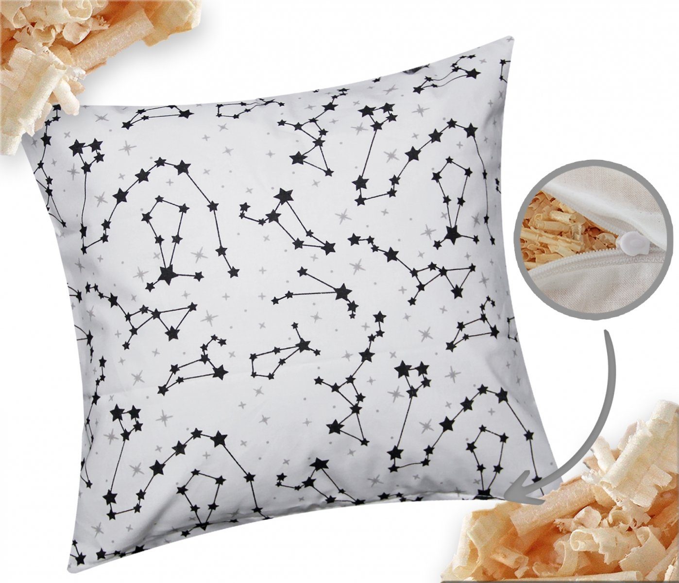 Heubergshop Zirbenkissen, 1-tlg., 40x40cm - Gefüllt mit Zirben - Sternzeichen Weiß Schwarz (Zirbe-530/1)