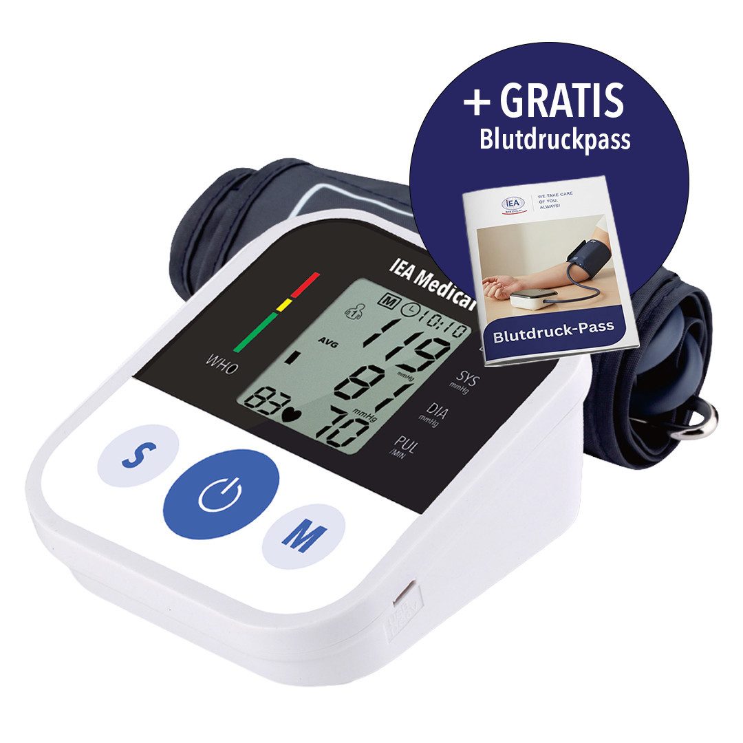 IEA Medical Oberarm-Blutdruckmessgerät ZK-B869, LCD-Display, mit Arrhythmie-Anzeige und Blutdruckpass, mit WHO-Indikator, 2 Nutzer × 99 Speicher, Manschette 22-42 cm