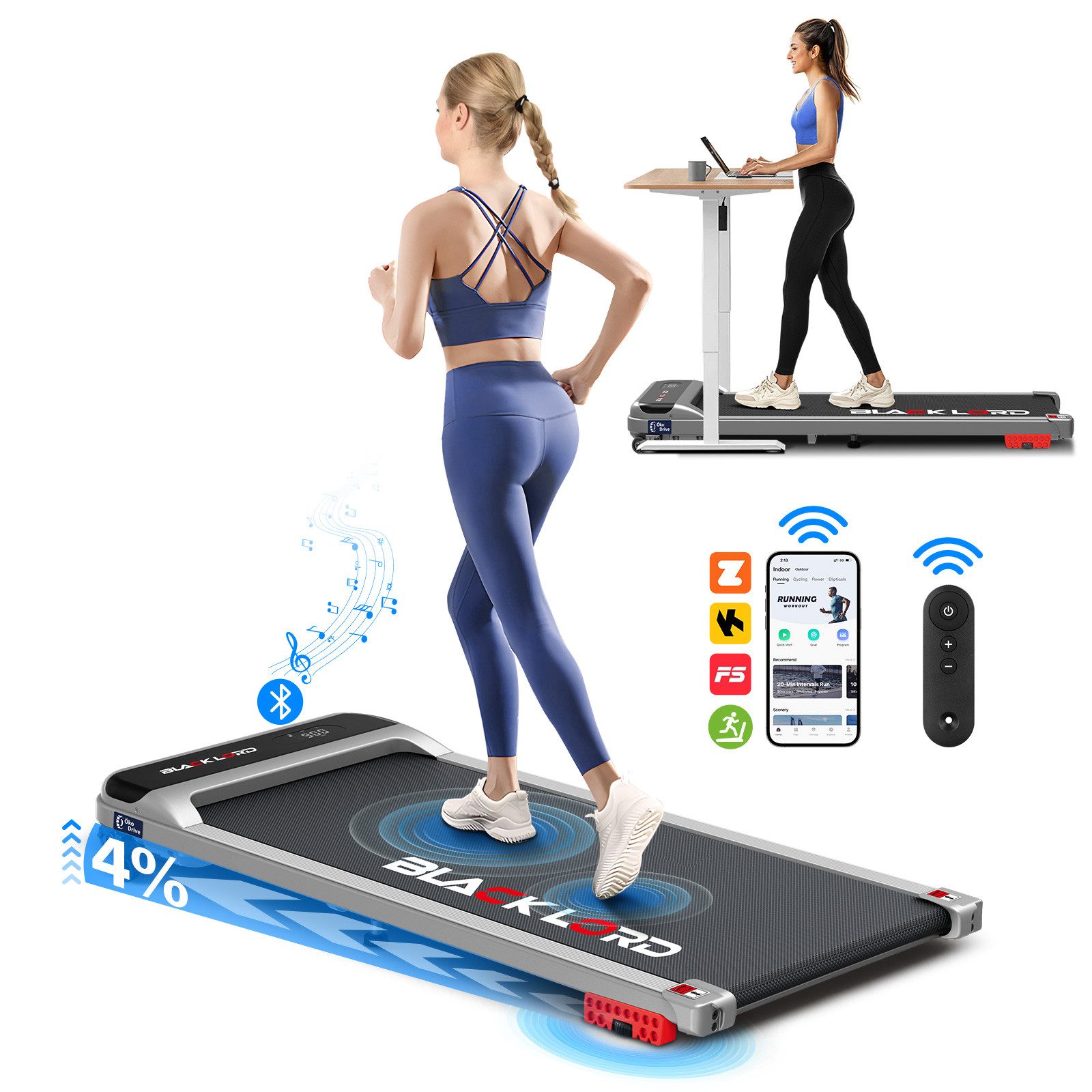 BLACK LORD Laufband 12km/h für Zuhause, Walking Pad, mit LED-Anzeige und 3,2 PS, mit Steigung, Bluetooth, Fernbedienung, 1-10 km/h, 125 x 54 x 12 cm