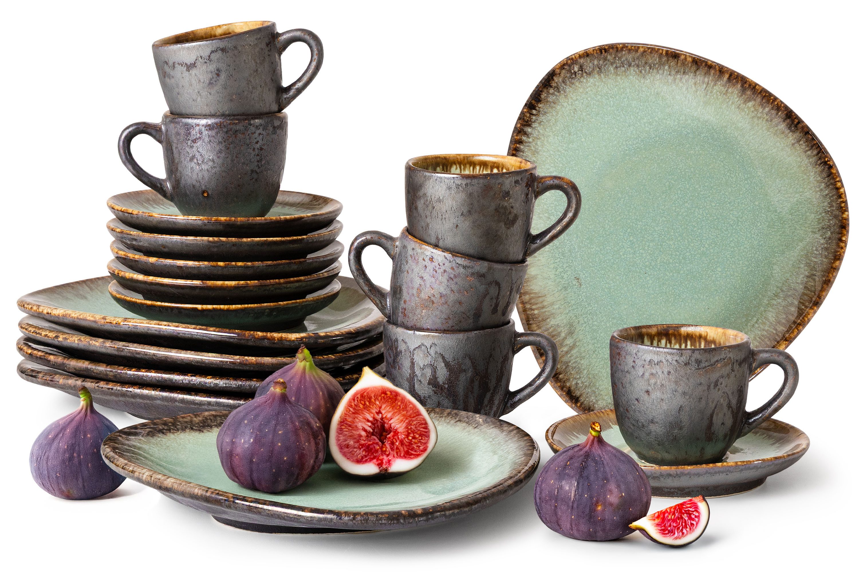 KONSIMO® Kaffeeservice PRIMA Espresso-Set mit Desserttellern, Premiumqualität aus EU (18-tlg), 6 Personen, Keramik, handgefertigt, hochwertige Kunstproduktion, Farbe beige/braun