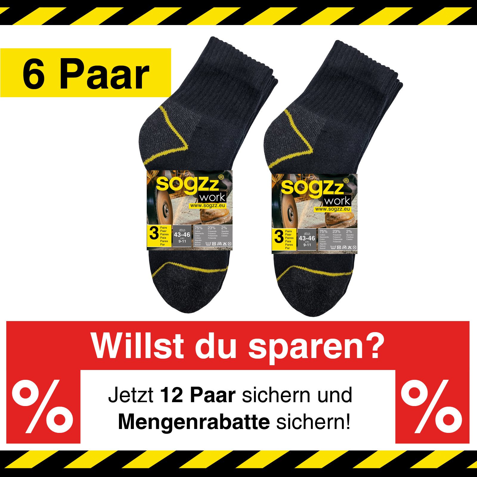 sogzz Arbeitssocken 6-12 Paar Herren Quarter Arbeit Socken verstärkt 75% Baumwolle (Modell: sogzz WORK Quarter Basic (halbhohe Kurzsocken), 6-Paar) – Bild 2 von 5