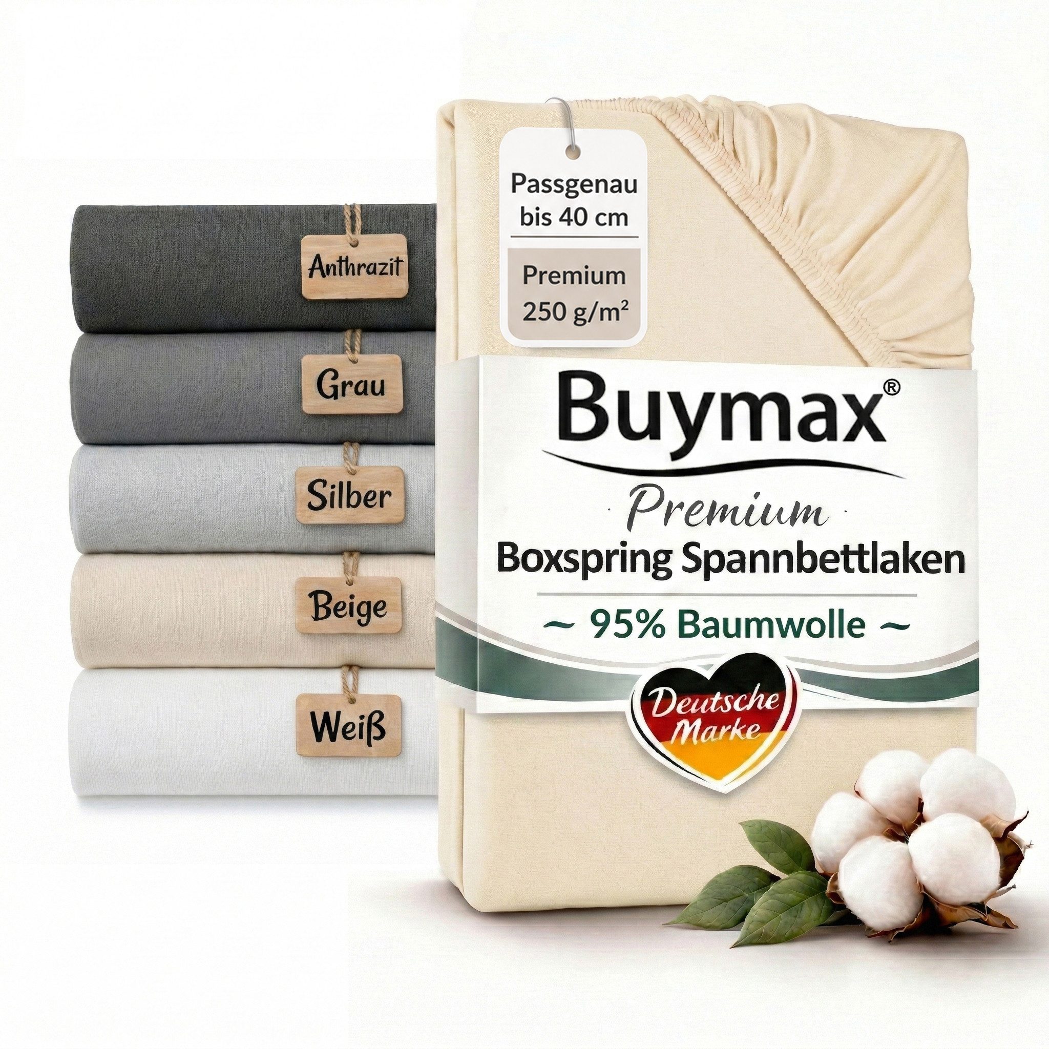 Buymax Spannbettlaken Premium Jersey für Boxspringbett, 95% Baumwolle, bis 35 cm, Jersey, Gummizug: Rundumgummi, (1 Stück), Premium Baumwolle Jersey 250g/m², weich & elastisch, bis 35cm Steghöhe