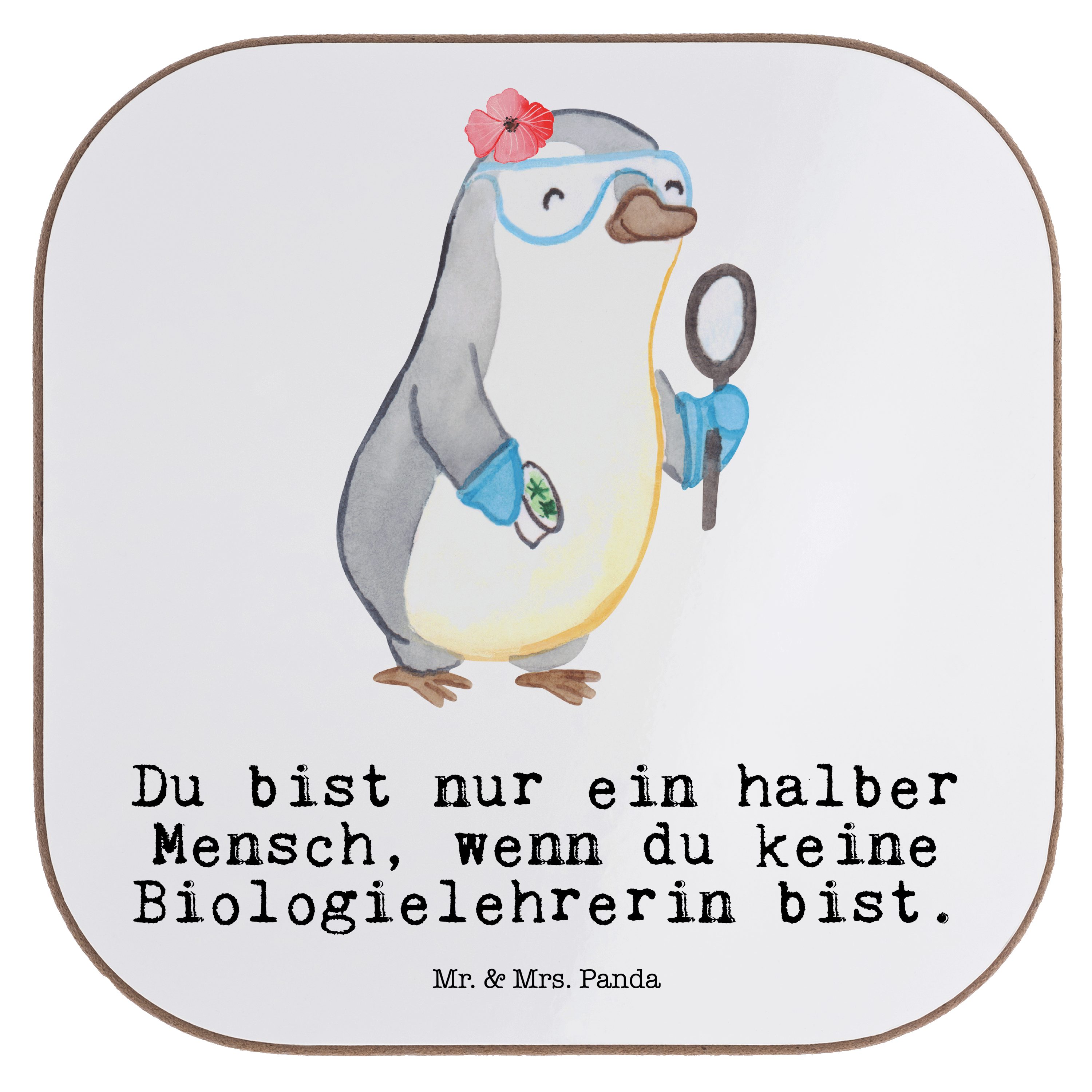 Mr. & Mrs. Panda Getränkeuntersetzer Biologielehrerin mit Herz - Weiß - Geschenk, Rente, Grundschule, Bier, 1-tlg.