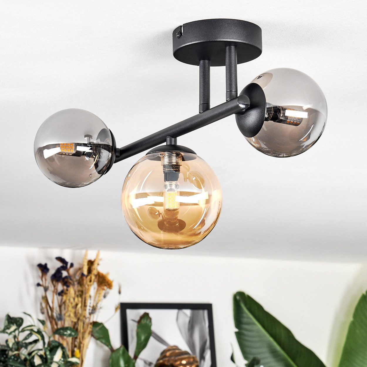 hofstein Deckenleuchte Deckenlampe aus Metall/Glas in Schwarz/Bernstein-/Ra günstig online kaufen