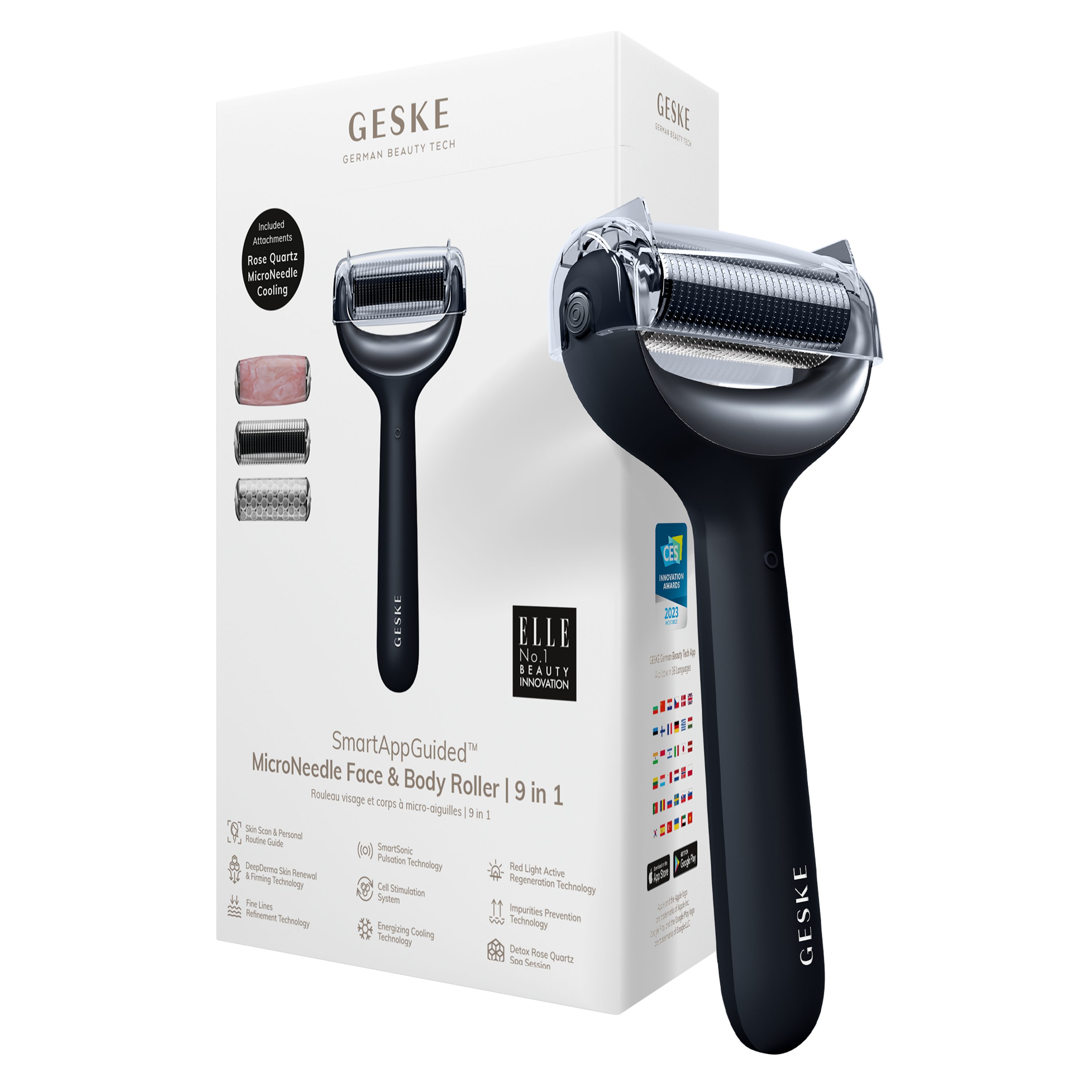 GESKE German Beauty Tech Micro-Needling SmartAppGuided™ MicroNeedle Face & Body Roller 9 in 1, Packung (Gerät & USB-Ladekabel), 5-tlg., Gerät inkl. kostenloser APP (SmartAppGuided Device), Mit der GESKE App erhältst Du deine personalisierte Hautpflegeroutine. Black | Dermaroller