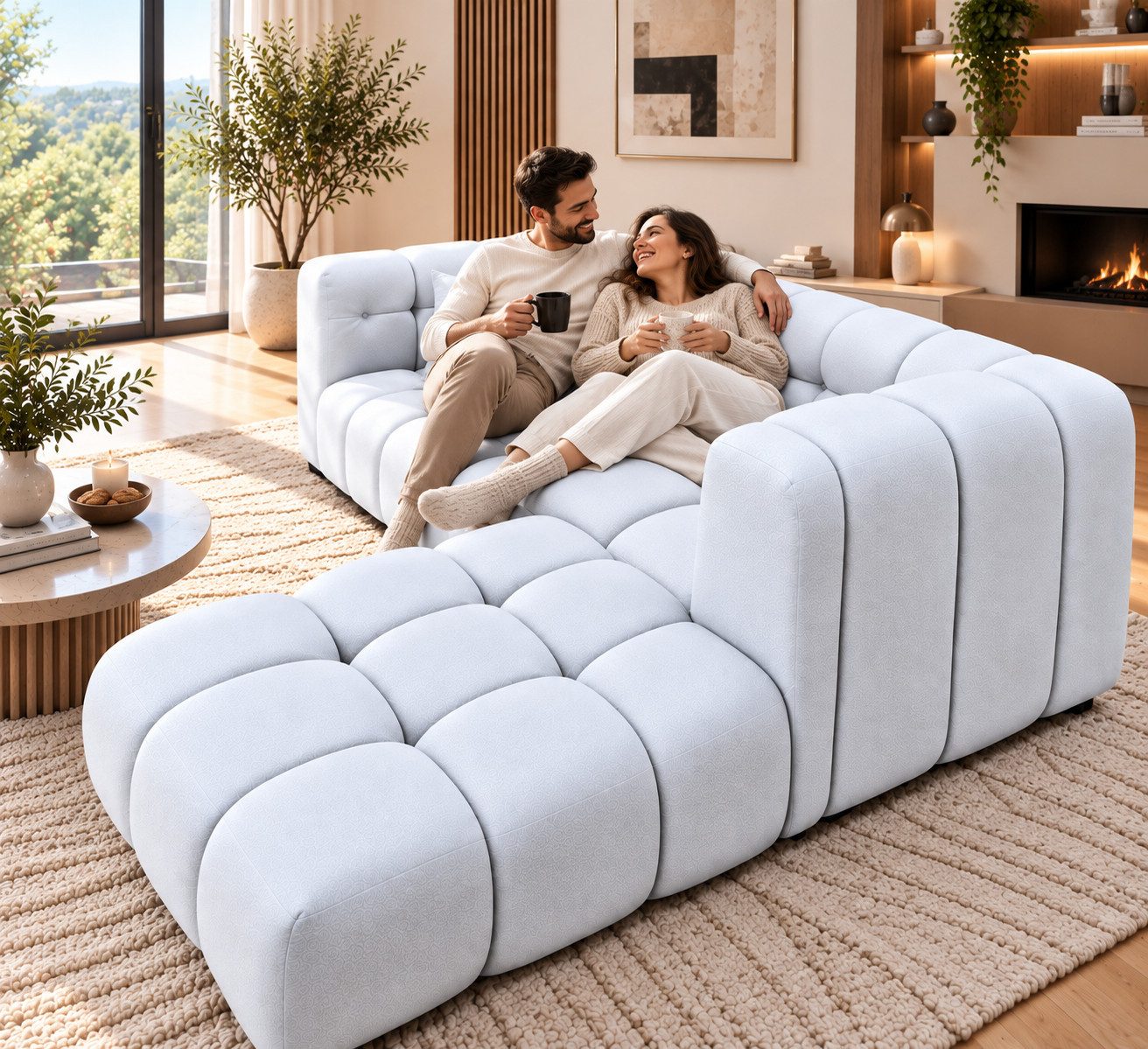 Polsterei Marya Ecksofa 5-Sitzer L-Form in Hellgrau – Modernes Sofa mit tiefer Sitzfläche, großzügiger Loungefläche & stilvoller Steppoptik