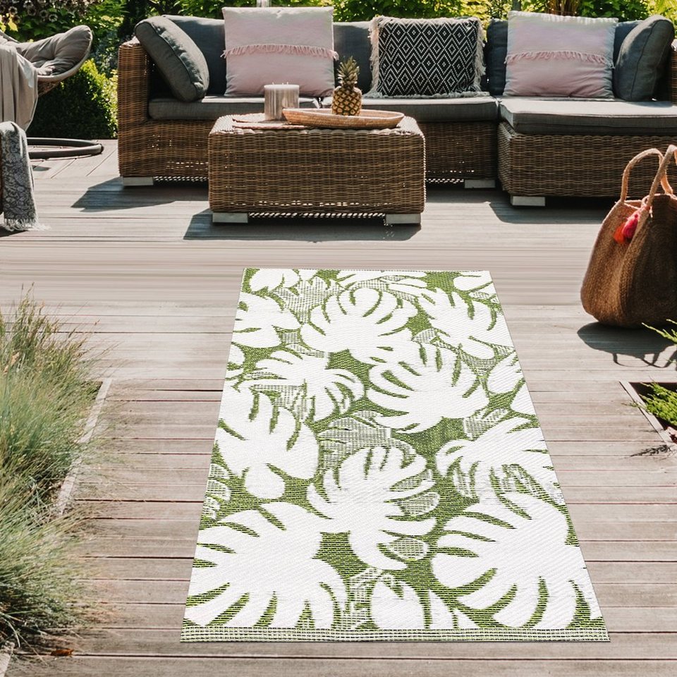 Teppich Exotischer Outdoor-Teppich mit tropischen Blättern in grün, Teppich-Traum,  rechteckig