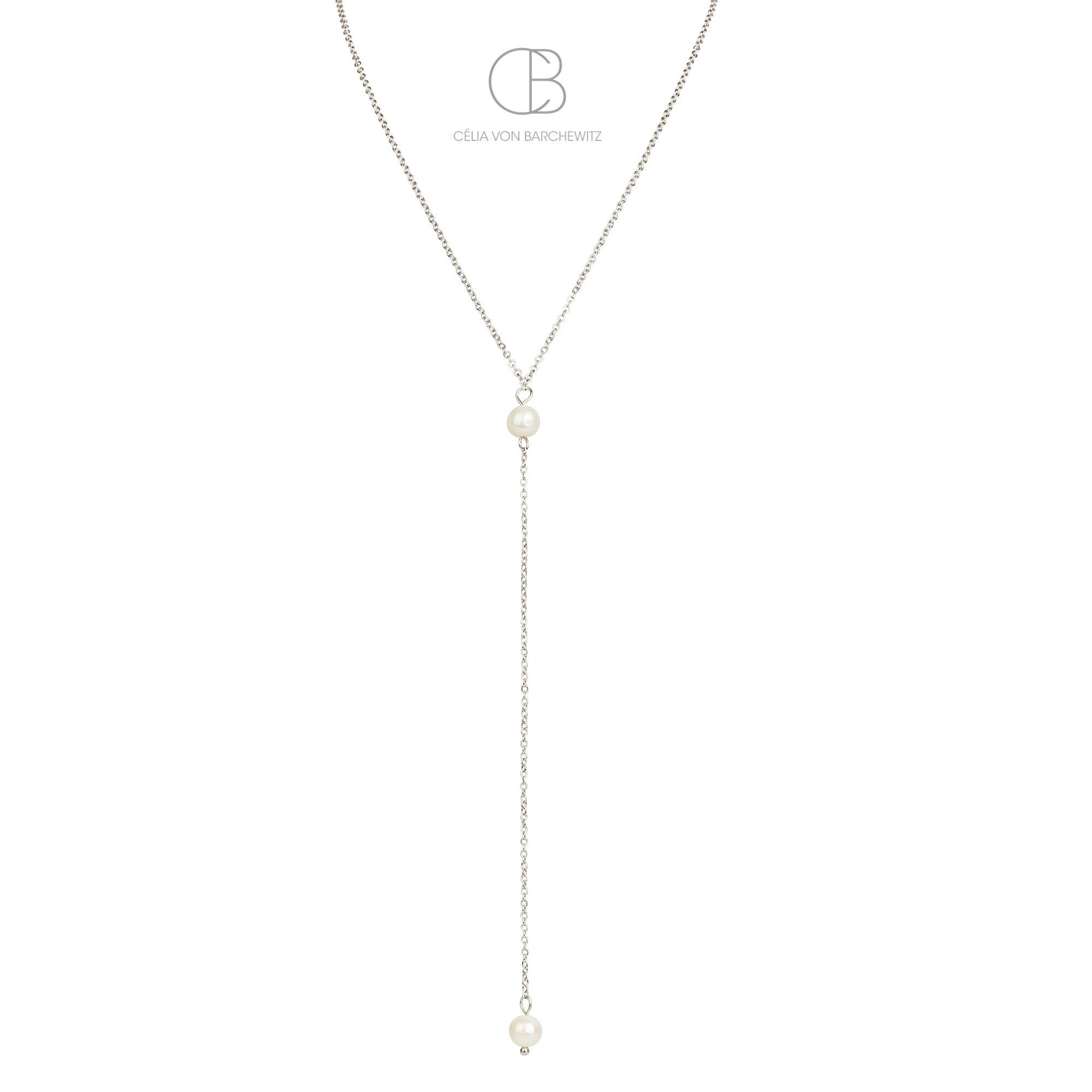 Célia von Barchewitz Perlenkette "PEARL PETITE" zarte Y-Kette mit 2 Süßwasser Zuchtperlen, 18k vergoldet, Länge von 44 - 49 cm verstellbar