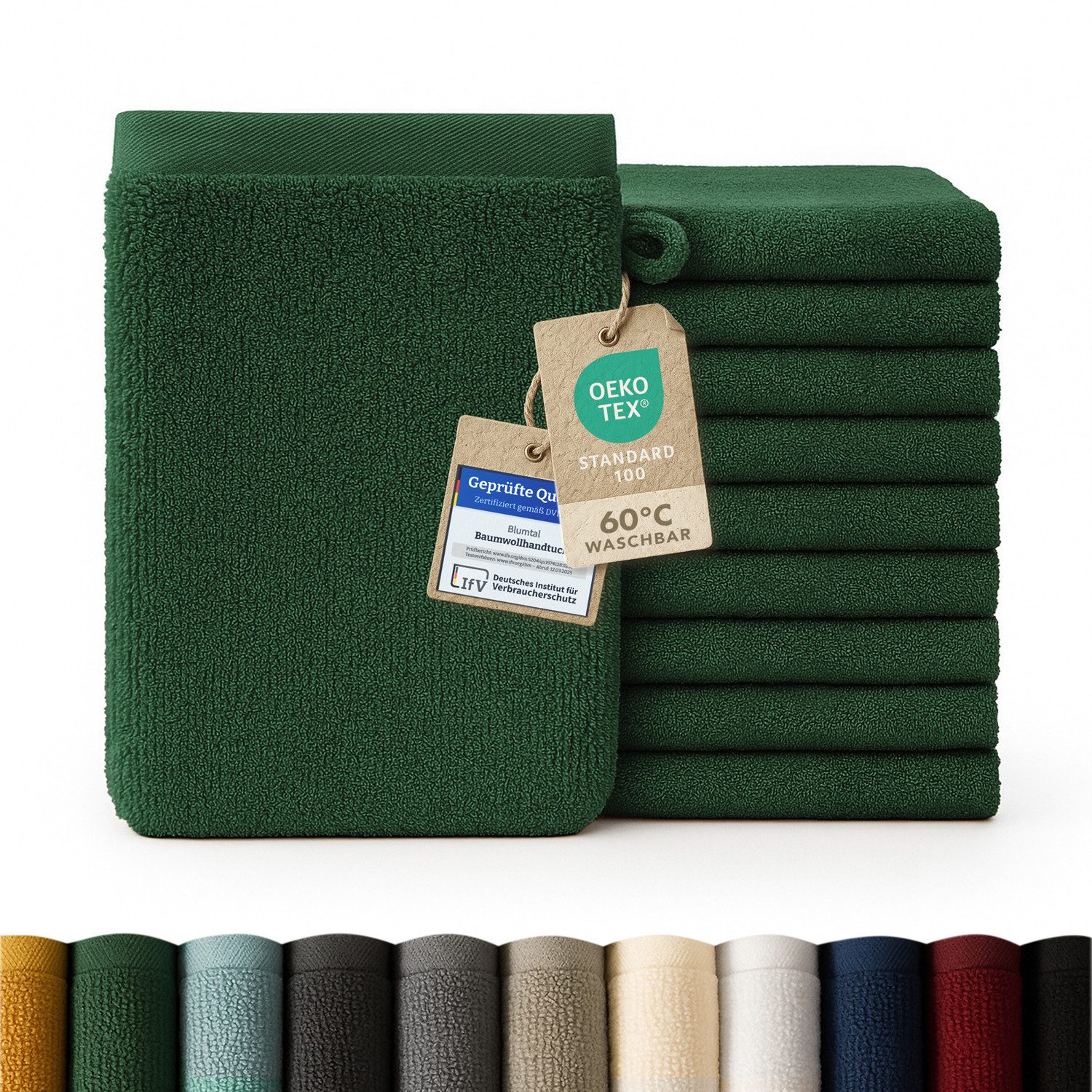 Blumtal Waschhandschuh 10er Set aus Frottee 15x20 cm - weich und saugstark, (Set), mit modischer Bordüre und praktischer Aufhängeschlaufe, 100% Baumwolle