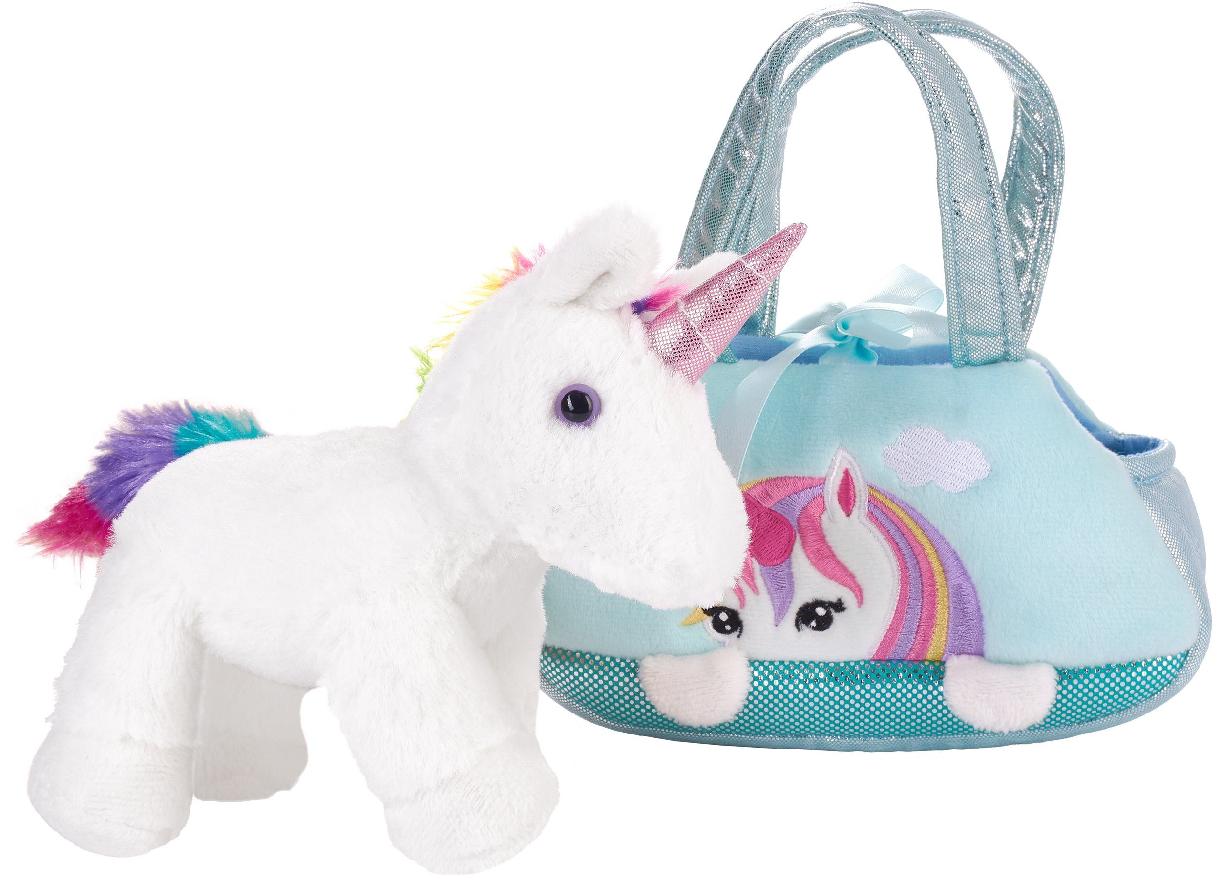 BRUBAKER Kuscheltier Einhorn Tasche Regenbogen 20 cm (1-St., Plüschtier in Handtasche), Glitzer Stofftier