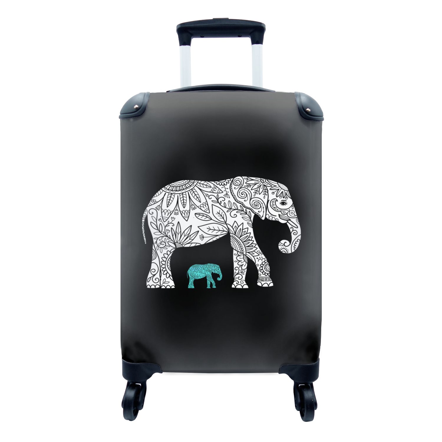 MuchoWow Handgepäckkoffer Elefant - Muster - Schwarz, 4 Rollen, Reisetasche mit rollen, Handgepäck für Ferien, Trolley, Reisekoffer