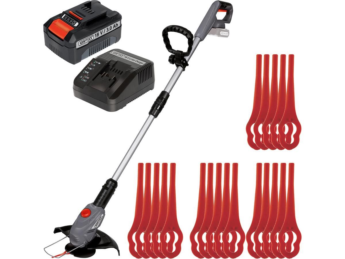 KRAFTIXX® Rasentrimmer-Deflektor KX-ART 1826 Li, Set Inkl. 3,0 Ah Akku und Ladegerät), & 20x Kunststoffmesser