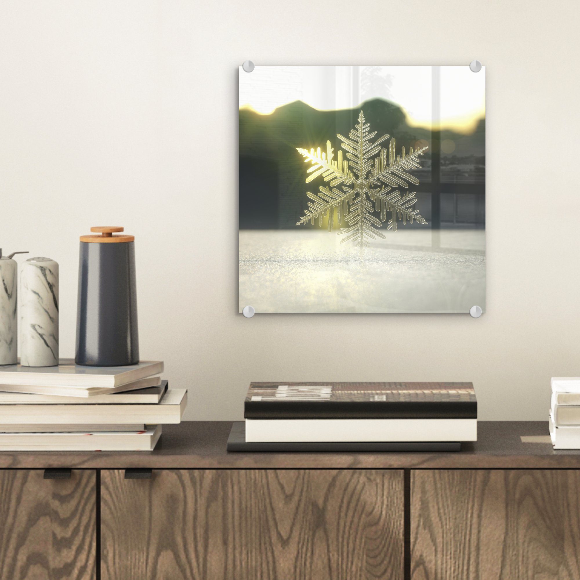 in Foto - auf der auf Glasbilder Glas Nahaufnahme Wanddekoration Bilder Sonne, (1 Wandbild MuchoWow Acrylglasbild - Glas gefrorene Schneeflocke St), -