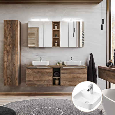 Lomadox Badmöbel-Set PUEBLA-56, (Spar-Set, 12-St), Eiche Waschtischunterschrank Waschbecken Spiegelschrank Hochschrank