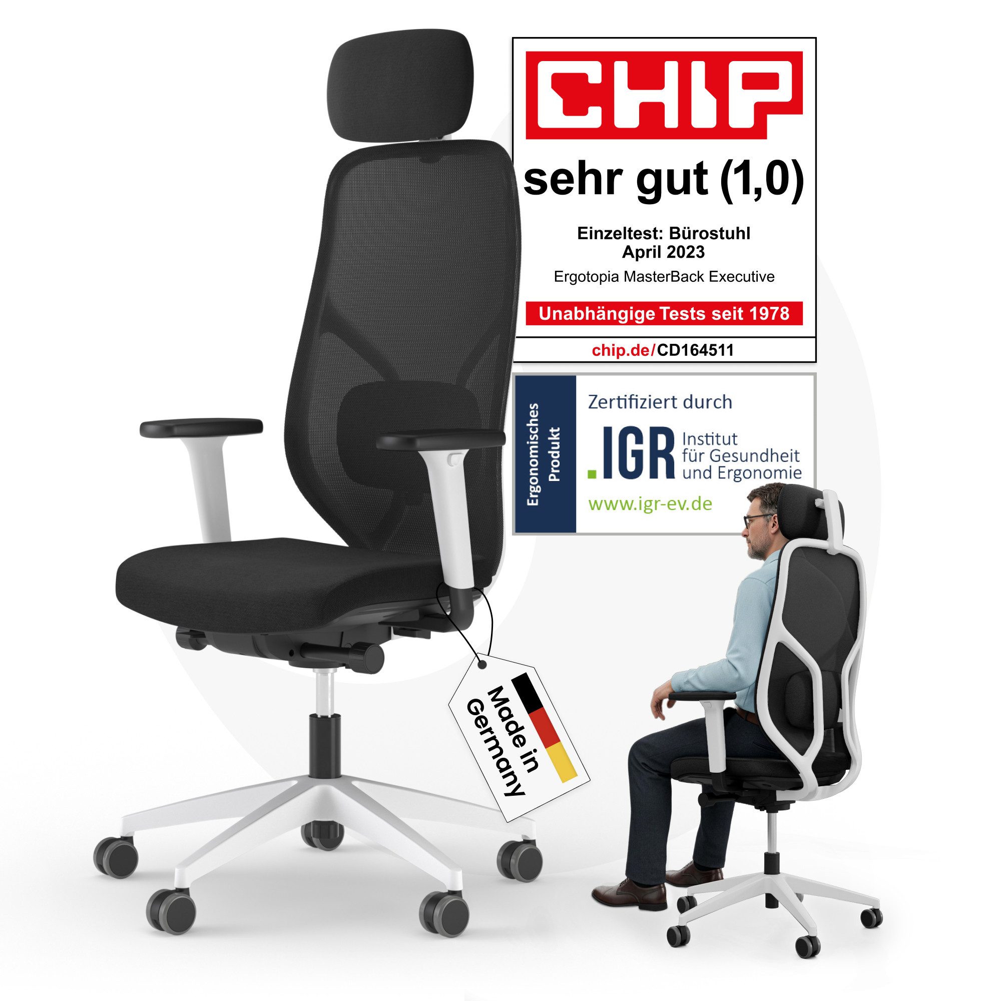 Ergotopia Bürostuhl MasterBack ergonomischer Schreibtischstuhl mit Kopfstütze (bereits montiert)