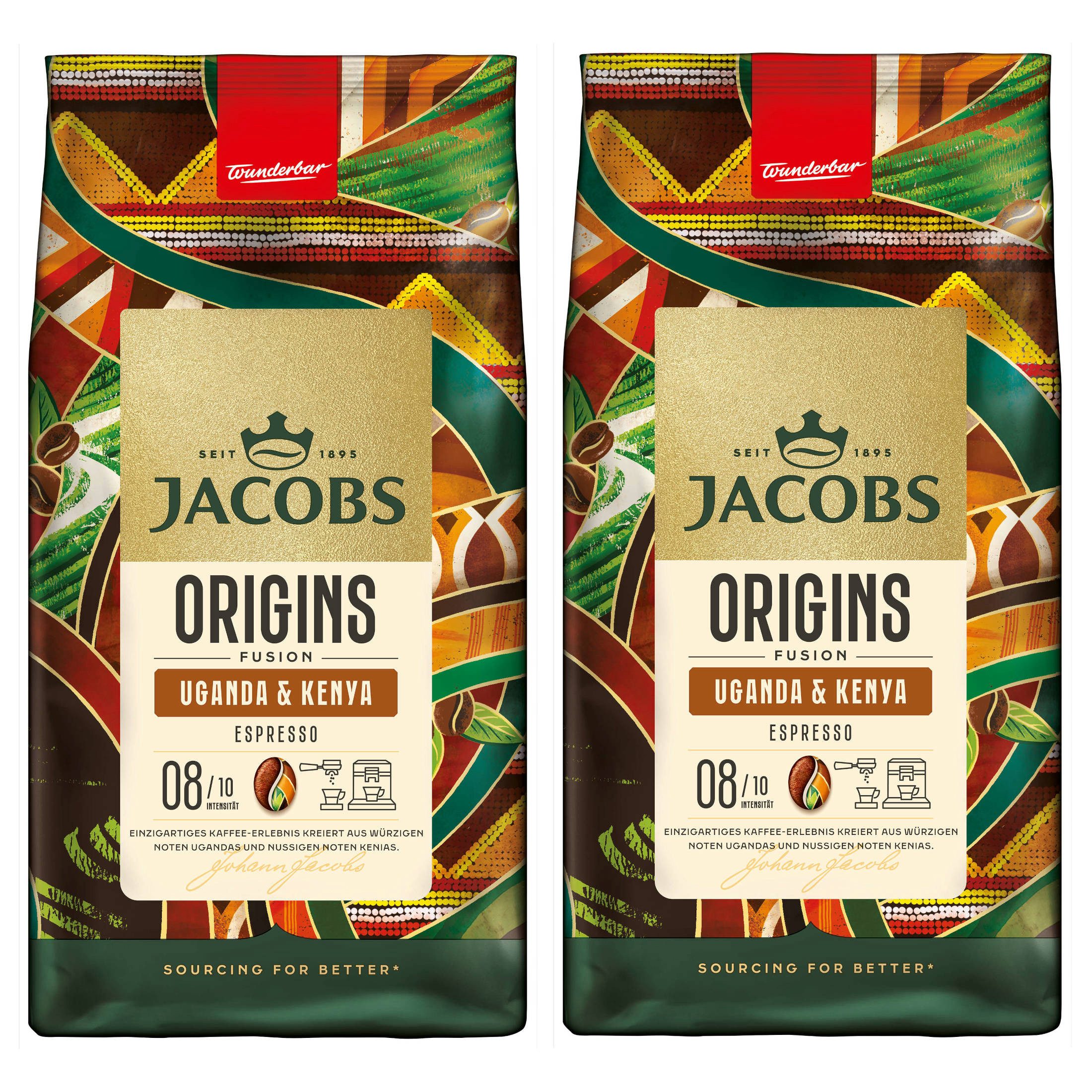 JACOBS Kaffee Kaffeebohnen Origins Uganda & Kenya ganze Bohne 2 x 1 kg, 2000 g, (Packung, 2er Pack)