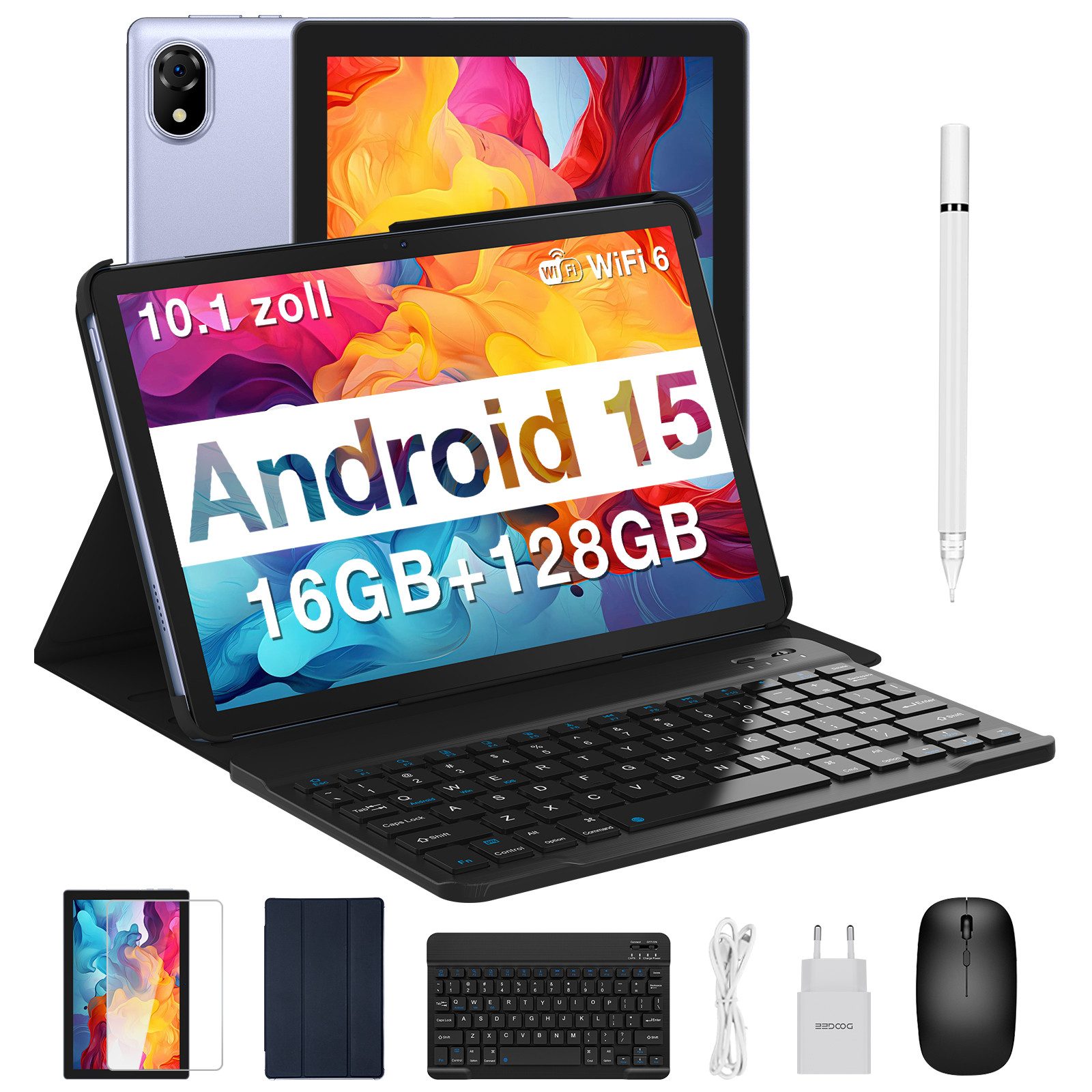 DOOGEE U10 Kinder Планшеты mit Stift, Tastatur, Maus, Hülle, Android 15 Tablet (10.1", 128 GB, Android 15, WIFI, 10.1" IPS HD, 16(4+12) GB RAM+128GB, Widevine L1, WiFi 6/BT5.0)