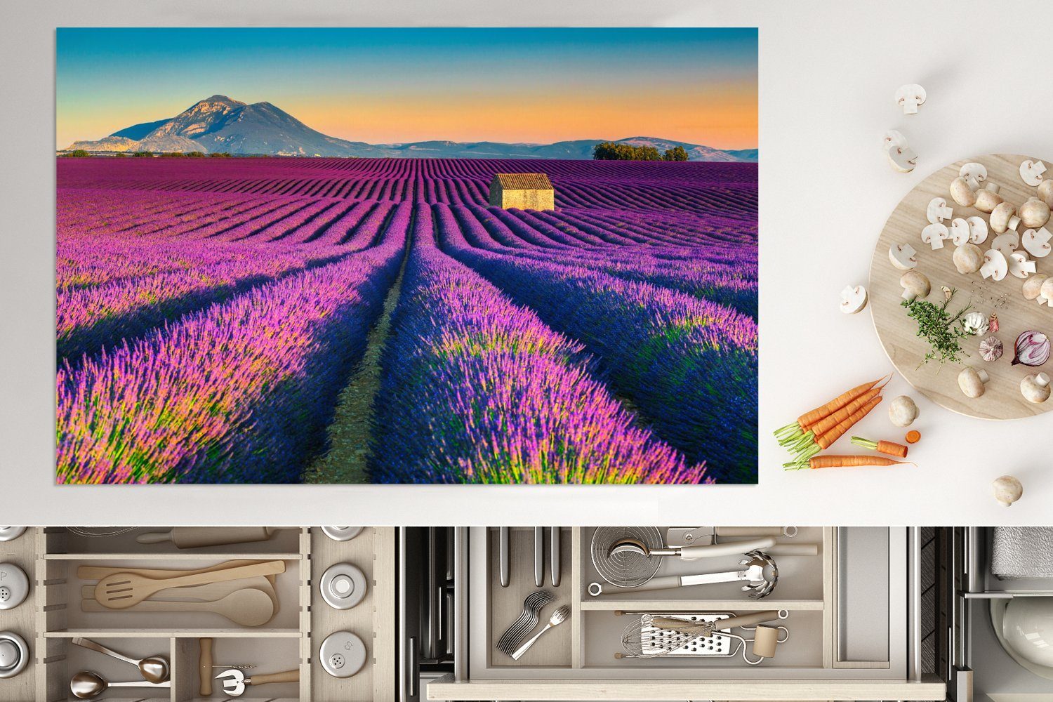 MuchoWow Herdblende-/Abdeckplatte Lavendel (1 - Induktionskochfeld die für cm, Vinyl, Ceranfeldabdeckung Schutz tlg), - 80x52 Blumen, Berg küche