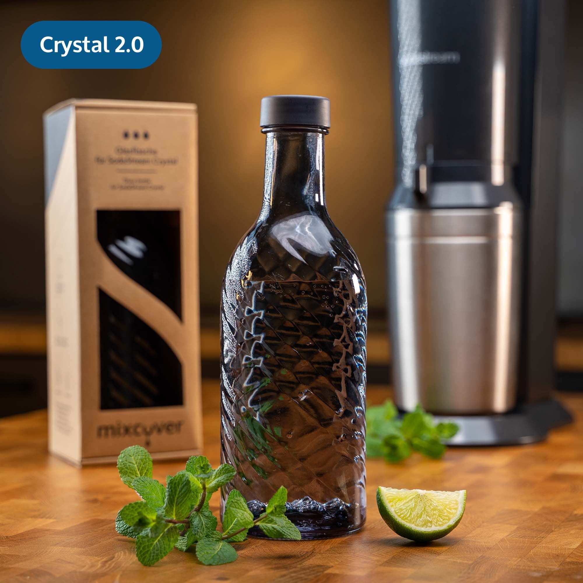 Mixcover Wassersprudler Flasche mixcover Glasflasche kompatibel mit SodaStream Crystal 2.0 mit 10% mehr Volumen Dark Grey