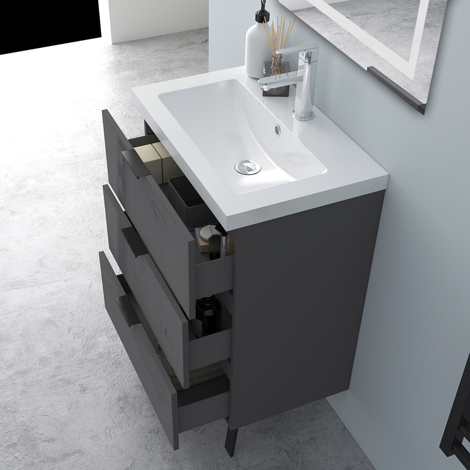 Aica Sanitär Waschtisch Badezimmerschrank Waschbecken mit Unterschrank Badmöbel Badschrank (Hängeschrank, mit Schrankfüße), 3 Schubladen mit Soft-Close Funktion, Waschbecken mit überlauf