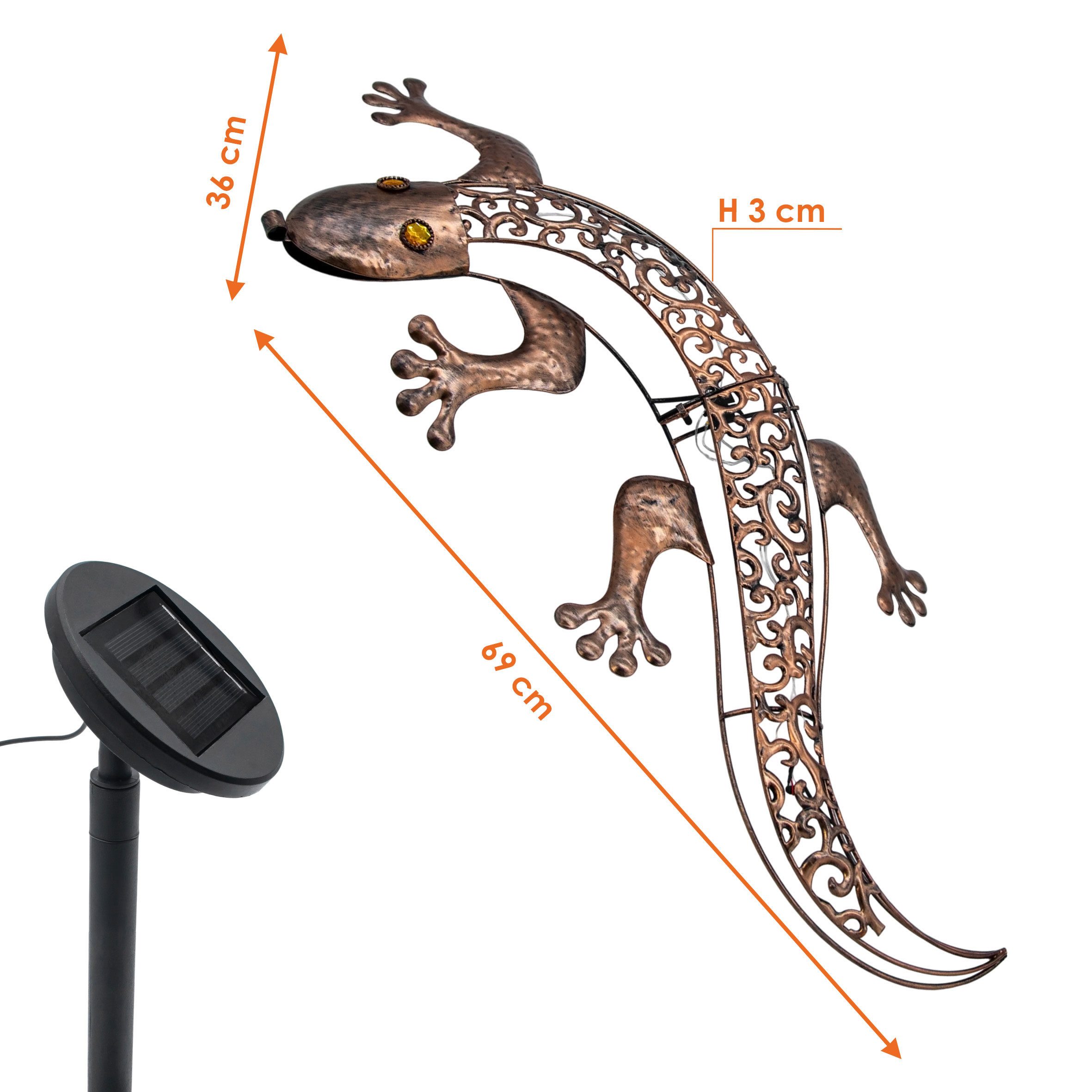Spetebo LED-Dekofigur Solar Metall Wandbild Gecko in bronze mit 10 LED - 69 x 36 cm (Anzahl, 1 St., Stück), mit Dämmerungssensor