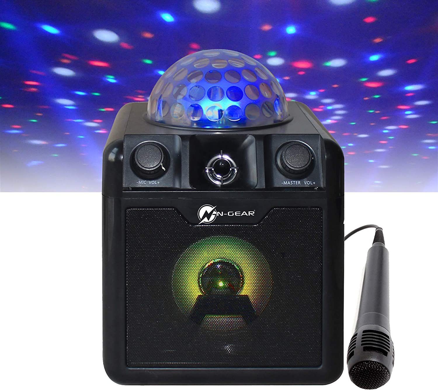 N-GEAR N-Gear DISCO410 Karaoke & Party Bluetooth Lautsprecher mit Discokugel,  Mikrofon & Powerbank-Funktion, schwarz Bluetooth-Lautsprecher  (Leuchteffekte, Mikrofone, DISCO Kugel), Tolle Leuchteffekte