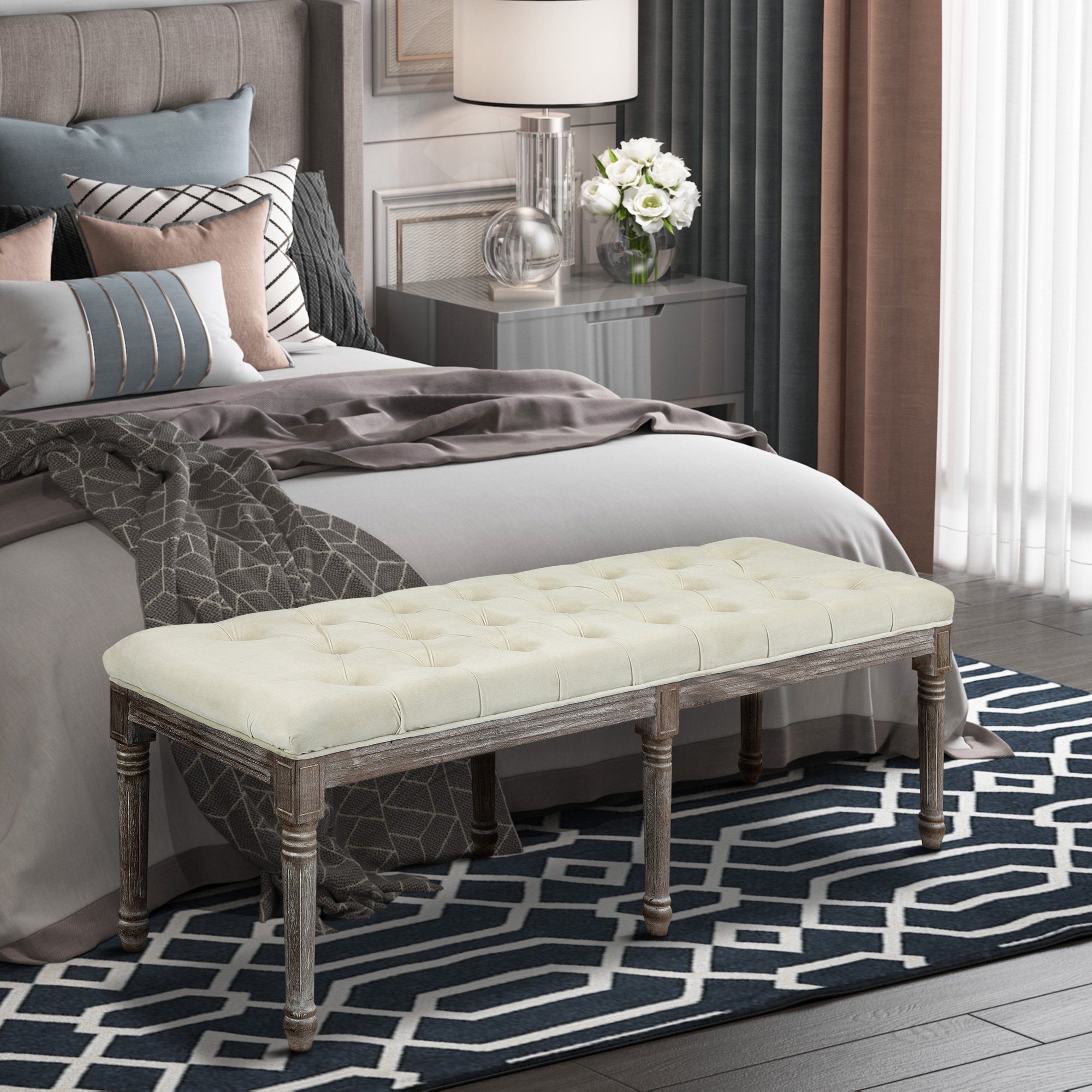 HOMCOM Polsterbank Bettbank mit Knöpfen (Polsterhocker, 1-St., Sitzbank), Gummiholz Beige 142 x 47 x 51 cm