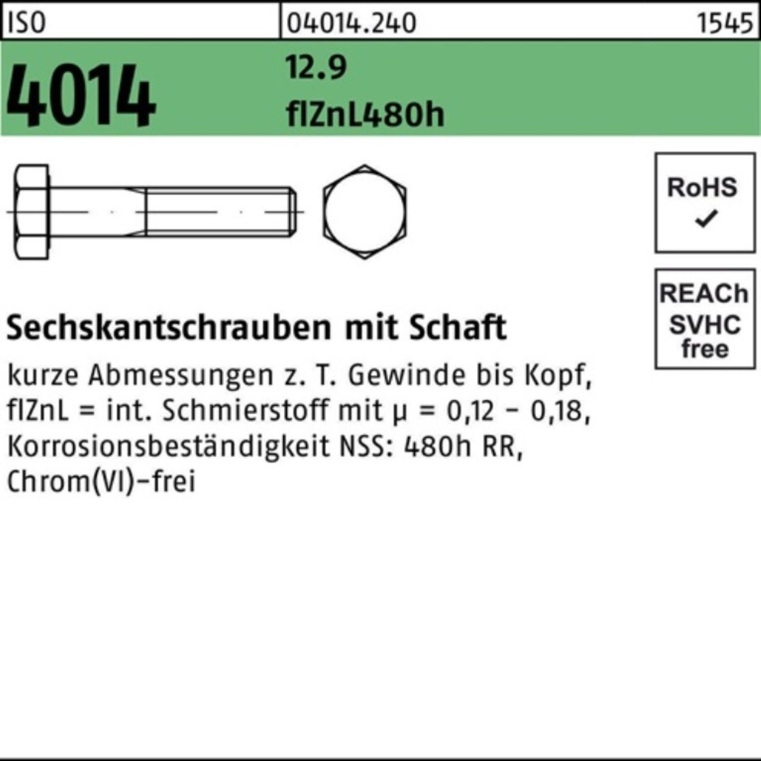 Reyher Sechskantschraube 100er Pack Sechskantschraube ISO 4014 Schaft M10x45 12.9 flZnL 480h zi