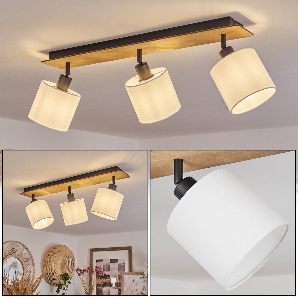 hofstein Deckenleuchte »Costa« Deckenlampe aus Holz/Metall/Stoff in Dunkelbraun/Schwarz/Weiß, ohne Leuchtmittel, Leuchte im skandinavischen Design mit verstellbaren Schirmen, 3xE14