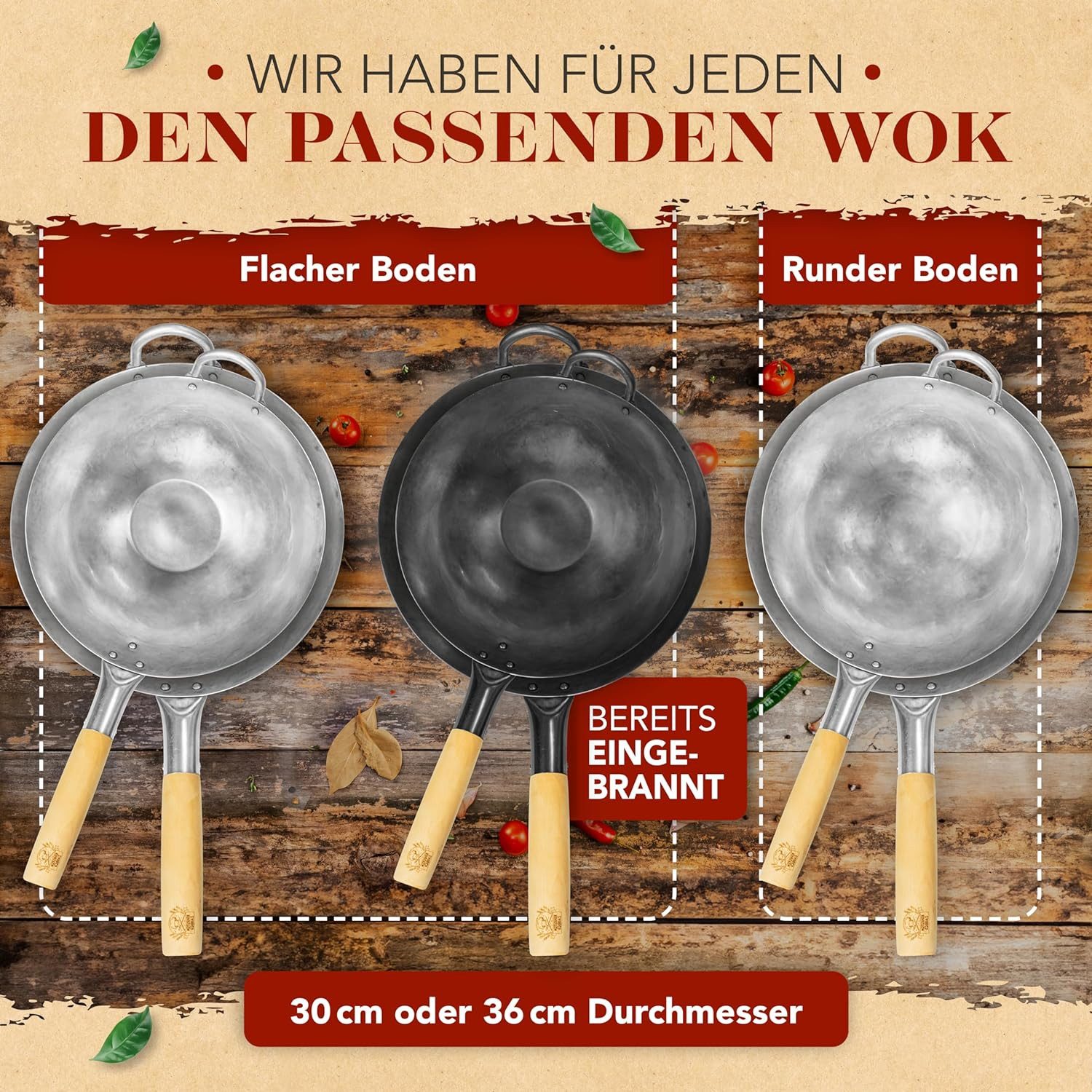Krustenzauber Wok 30cm Wokpfanne - Traditionelle Stahlwokpfanne, (mit Wokwender u. Wokring - Wok Pfanne, Wok Induktion, Woklette), Wok Zubehör, Carbon Steel Wok Karbonstahl