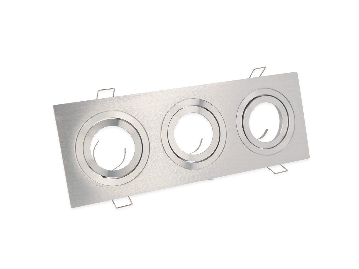 GTV LED Einbaustrahler 3er 3-fach Gu10 MR-6 Einbaurahmen gebürstet eckig Silber, GU10 2er Einbaurahmen Alu 255x98mm Lochmaß 240x80mm