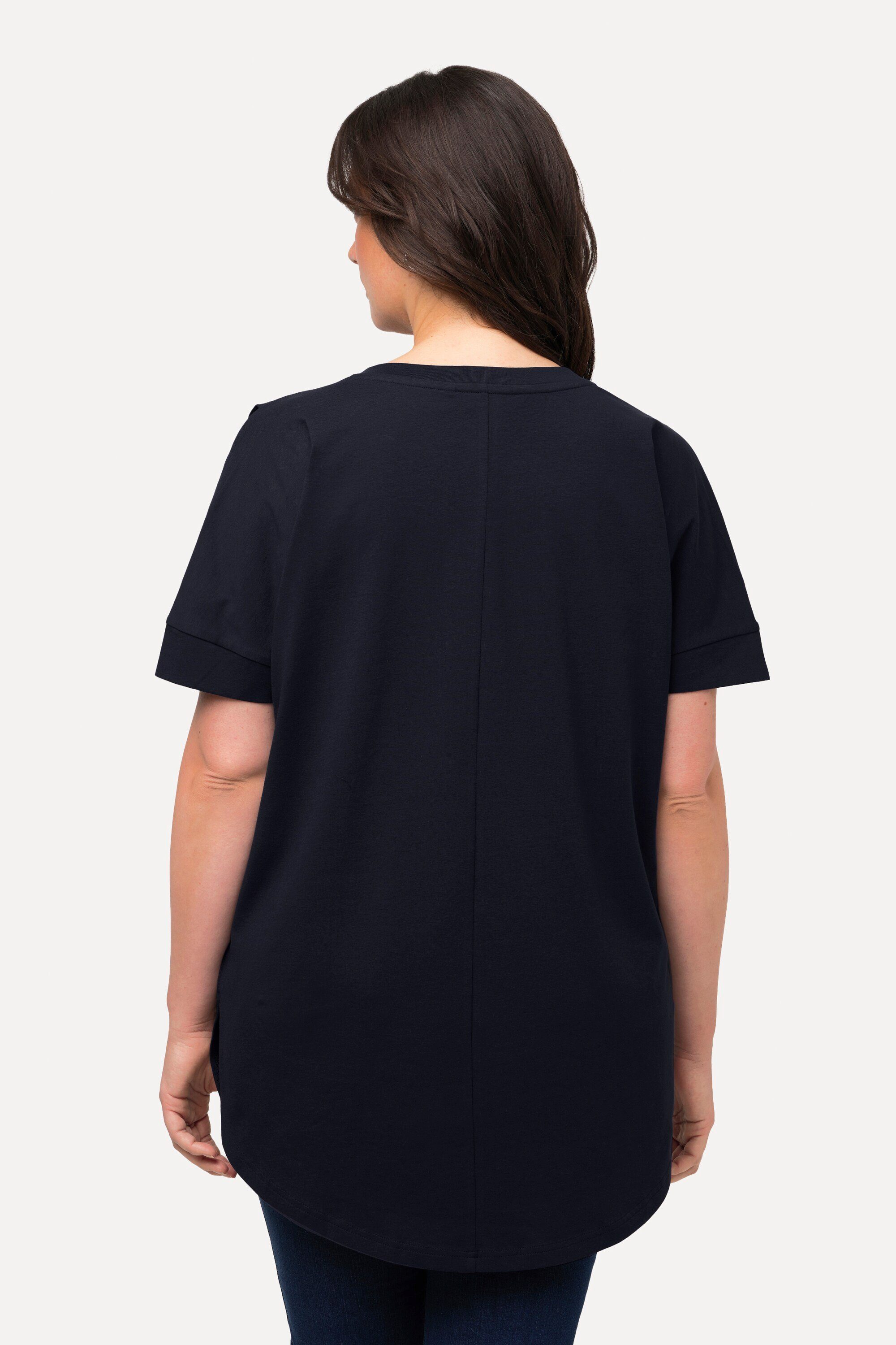 Ulla Popken Rundhalsshirt Longshirt Zierfalten marine V-Ausschnitt Oversized