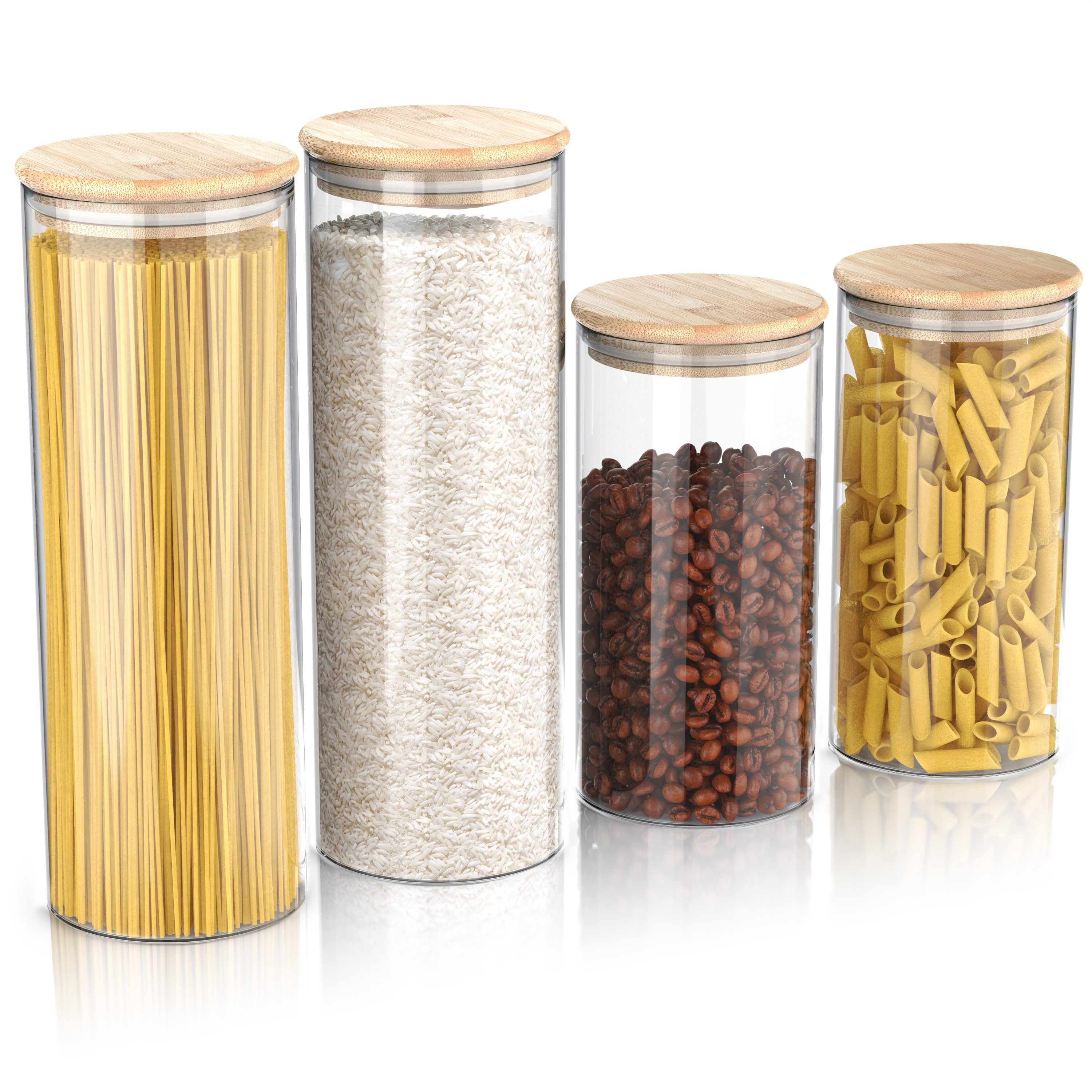 Arendo Aufbewahrungsbecher Glasbehälter 2x 2,2L & 2x 1,57L Borosilikat, Bambusdeckel, luftdicht, Borosilikatglas, Bambus, Silikon, (Vorratsbehälter-Set, 4-tlg., 4er Set), Hitzebeständig, umweltfreundlich, langlebig, mikrowellengeeignet