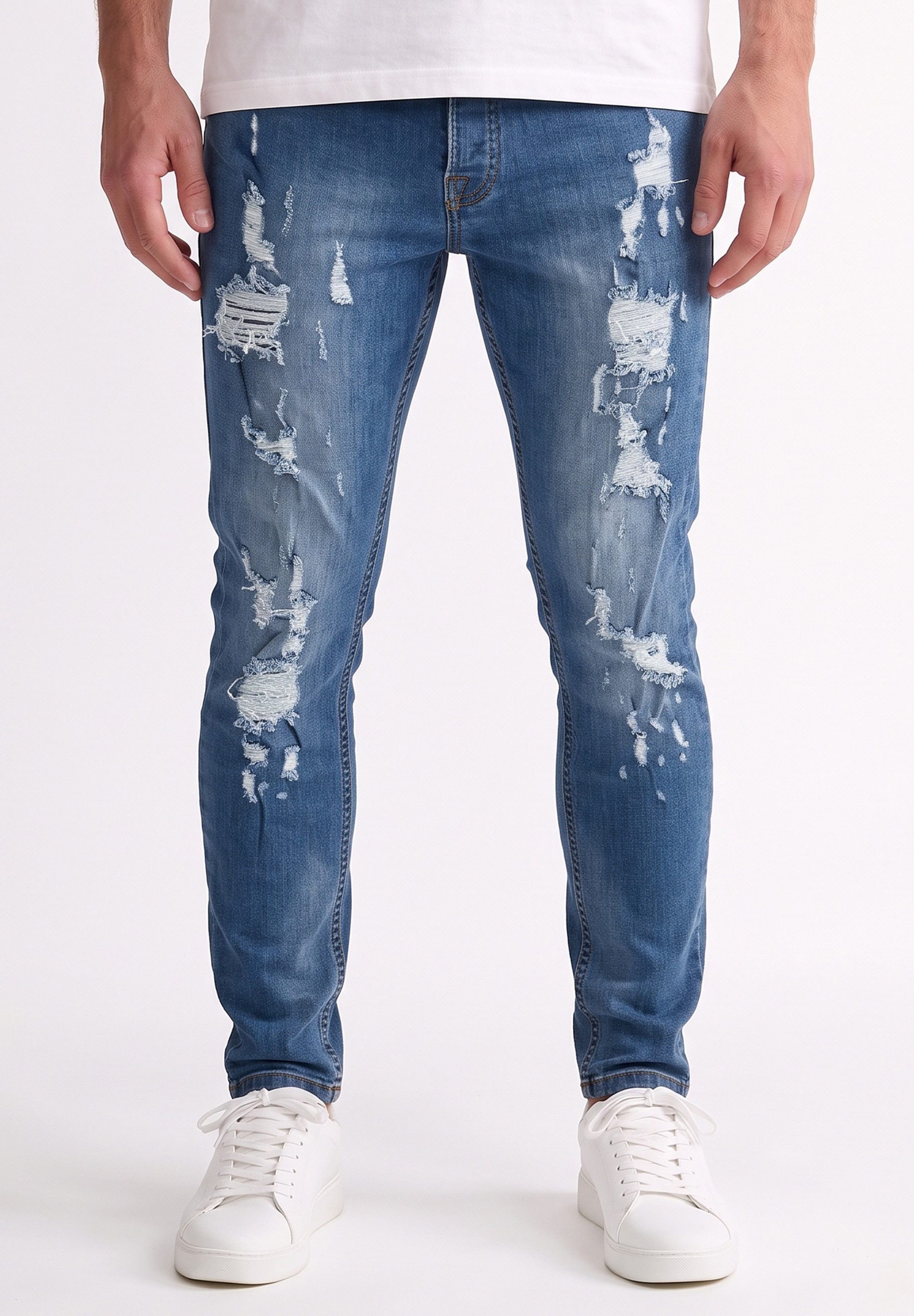 behype Skinny-fit-Jeans mit Destroyed Effekten - schmale Passform Herren Lange Hose mit Elasthan im Used Look