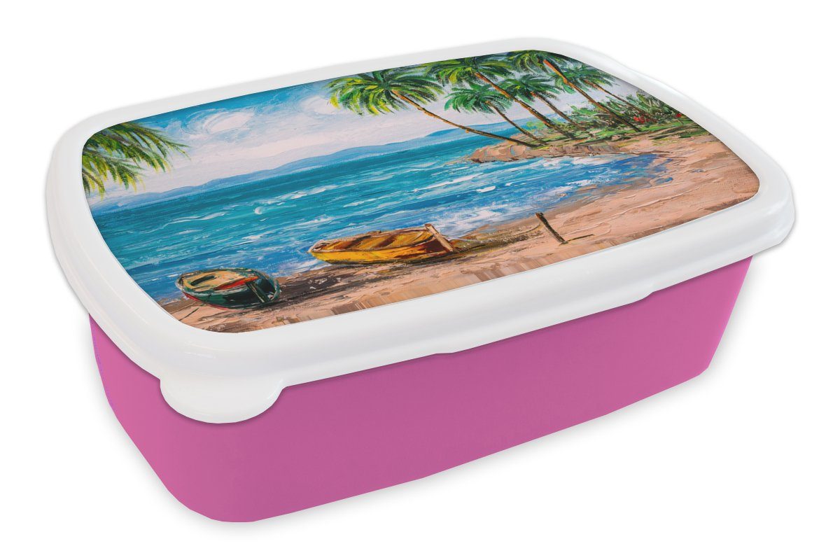 MuchoWow Lunchbox Gemälde - Öl auf Leinwand - Strand - Palme - Boot, Kunststoff, (2-tlg), Brotbox für Erwachsene, Brotdose Kinder, Snackbox, Mädchen, Kunststoff rosa