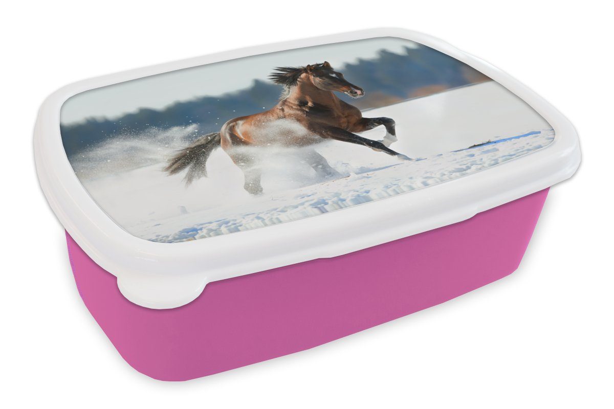 MuchoWow Lunchbox Pferd - Schnee - Winter, Kunststoff, (2-tlg), Brotbox für Erwachsene, Brotdose Kinder, Snackbox, Mädchen, Kunststoff rosa