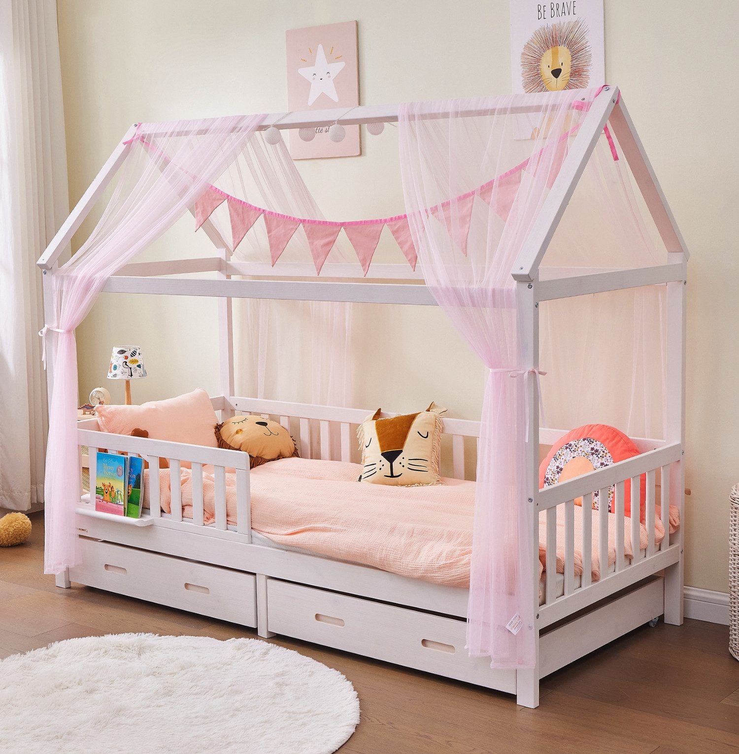 Alavya Home® Betthimmel HAUSBETT DEKO SET für Kinderbett 80x160 I 90x200 (KOMPLETT SET), Himmelbett Kinderbett Mädchenbett Dekoset 4 teilig für Kinderzimmer