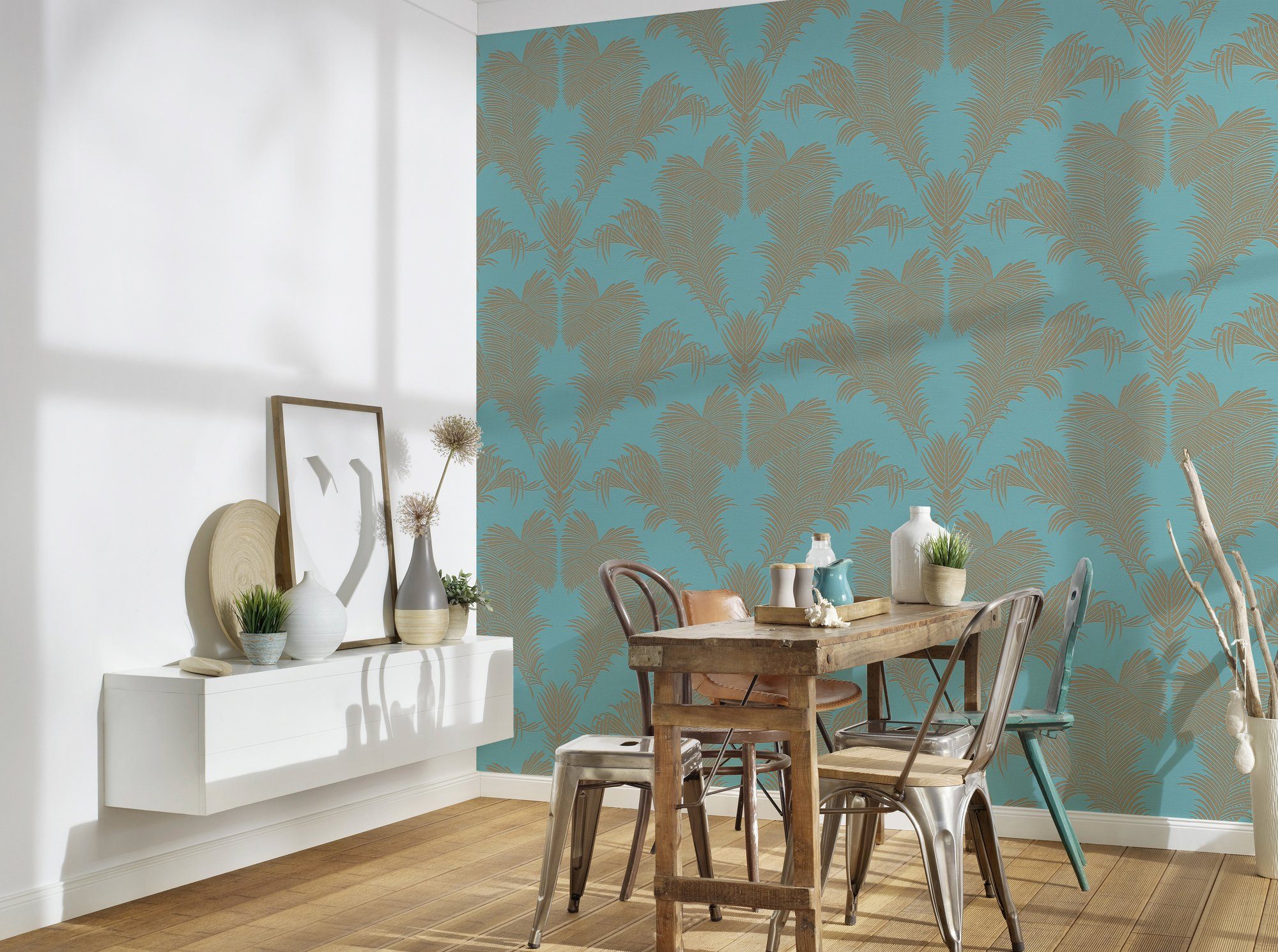 A.S. Création Vliestapete Trendwall, blau/grün/metallic botanisch, Tapete floral, Glänzend Dschungeltapete Palmen tropisch