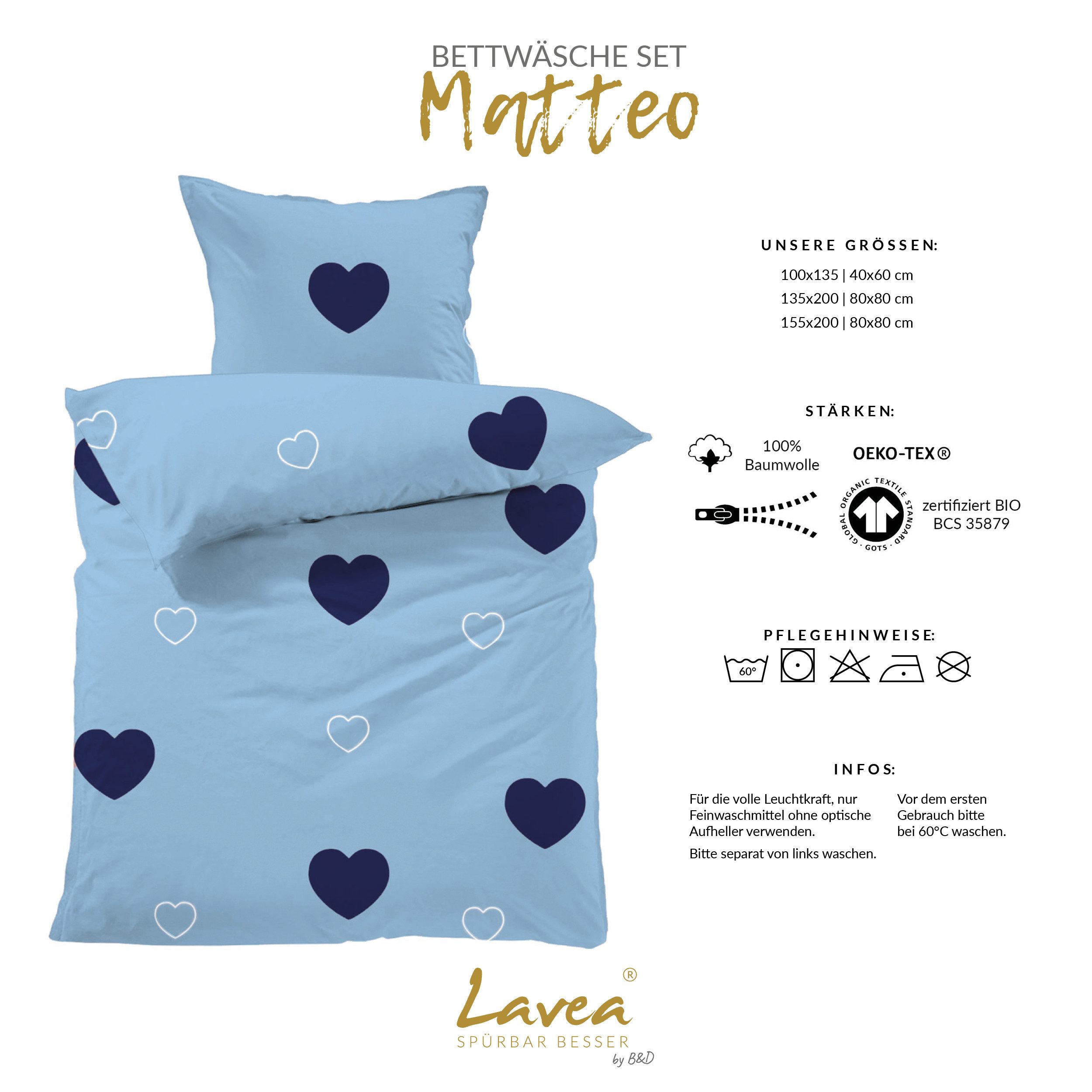 Lavea Kinderbettwäsche Bettwäsche Kinder Herzen Set, mit Reißverschluss, mit Herzmotiv, 100% Baumwolle, 2 teilig, weiche Bezüge für Bettdecke und Kopfkissen